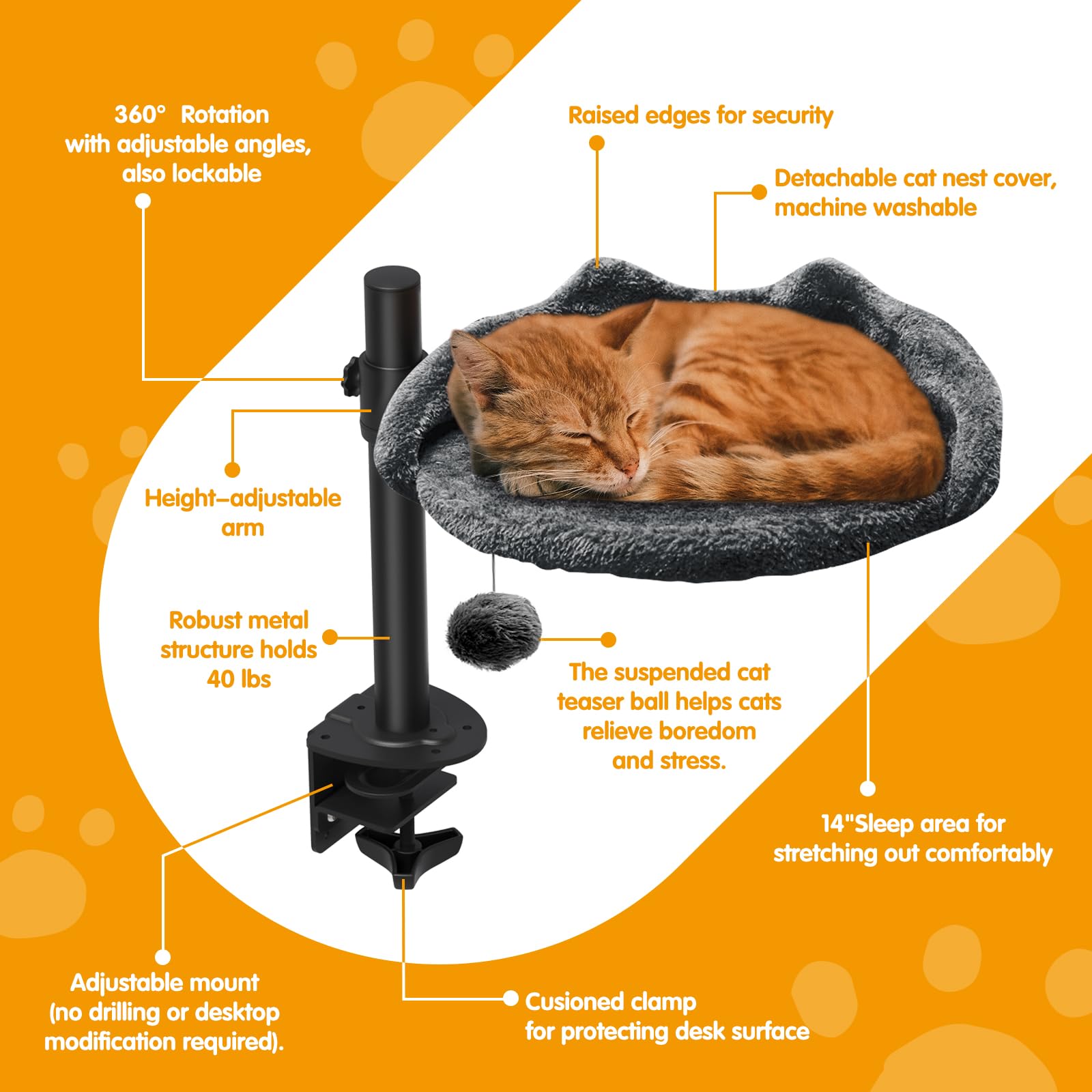 Sgreatiny Cat Desk Bed With Adjustable Steel Frame - Faux Fur Fabric Elevated Bed For Indoor - Multi-Functional Pet Cats Mount,F