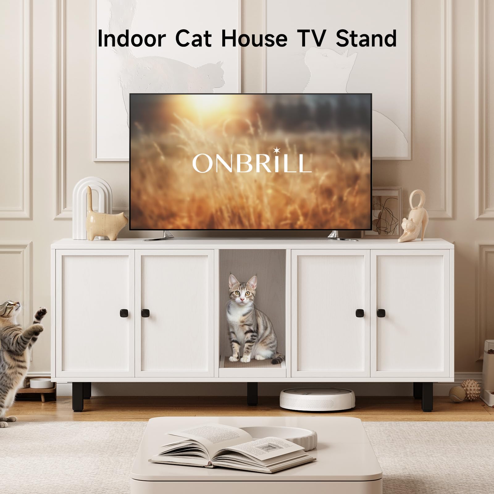 ONBRILL 59 Inches Cat Litter Box Enclosure for 2 Cats, Hidden Litter Boxes Furniture with Cat Scratch Pad, Large Indoor Pet Hous