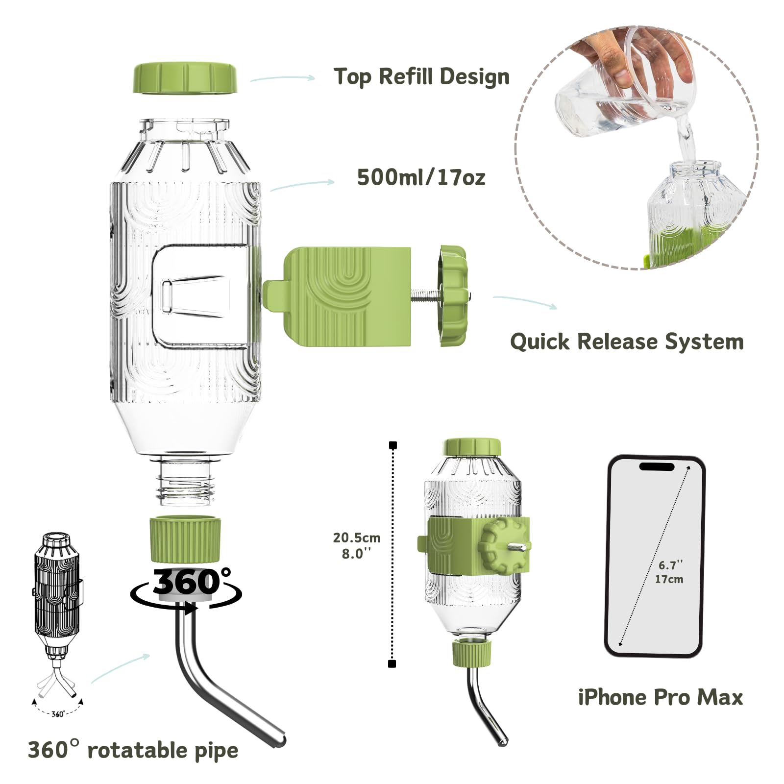 Pet Water Bottle [L17, 17Oz] Hanging Dog Water Dispenser Kennel Plastic Drinker Kettle Feeder Bpa Free Cage Crate Hutch Puppy Ca