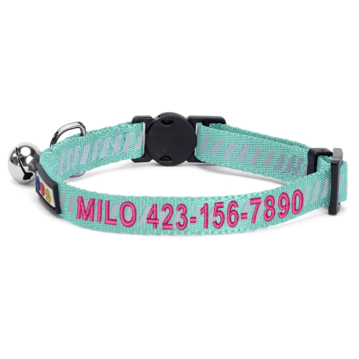 Pawtitas Personalized Cat Collar With Breakaway Safety Release Buckle Adjustable Length | Cat Collar With Custom Embroidered For Your Pet'S Name And Phone Number | Teal Cat Collar With Removable Bell