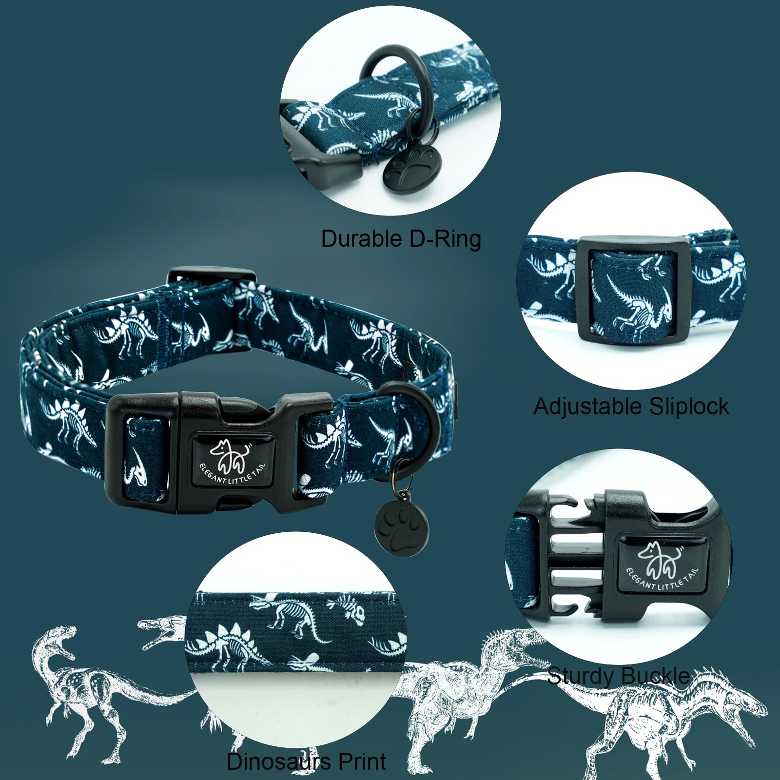 Elegant Little Tail Dog Collar, Dinosaurs Print Blue Puppy Male Adjustable Cotton Pet Collar With Quick Release Buckle For Small
