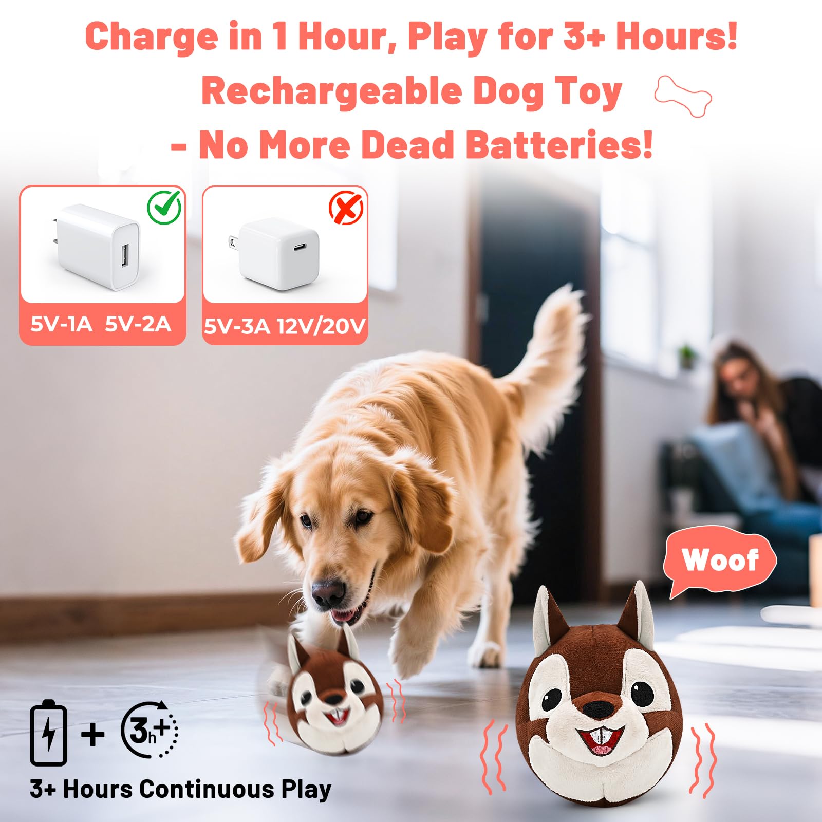 Interactive Dog Toys - Auto Bounce, Move & Vibrate with Sound, Talking Squirrel Puppy Toy for Small Medium Large Dogs, Rechargea