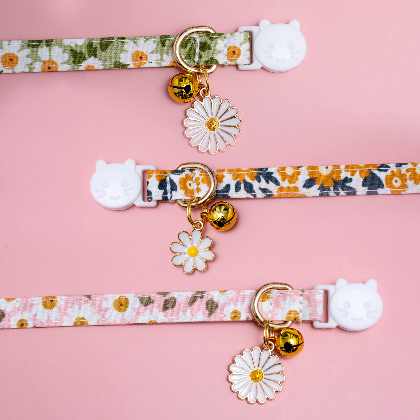 Faygarsle 3 Pack Cotton Safe Breakaway Cat Collars With Bell Daisy Charm Green Orange Pink Kitty Kitten Cute Cat Collars For Girl Cats Female Cats