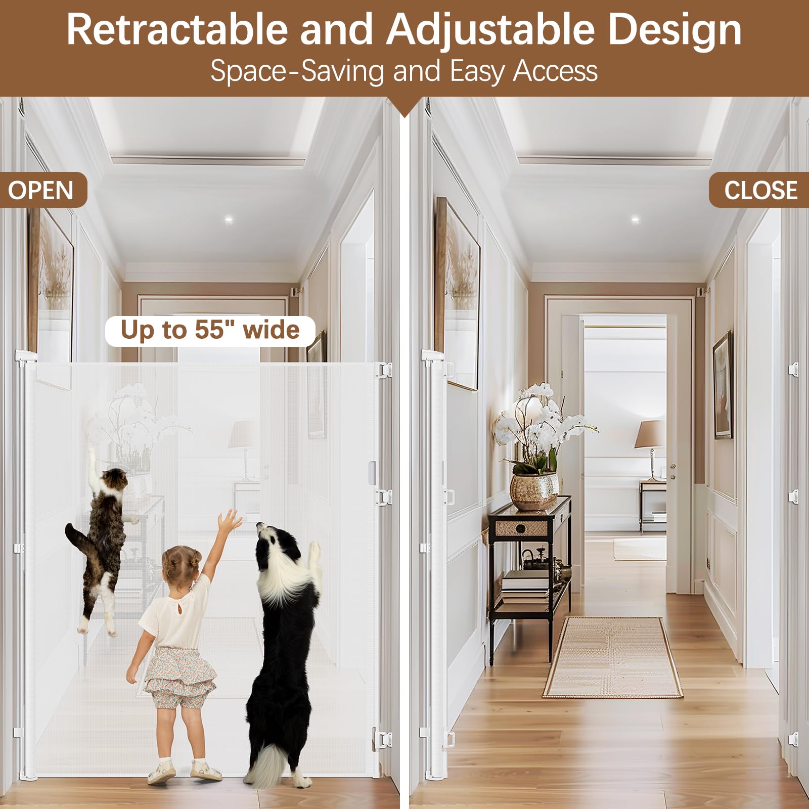 60 Inch Extra Tall Pet Gate Tall Retractable Baby Gate - No Jumping Over, Extends to 55'' Wide Retractable Gate Outdoor Tall Dog