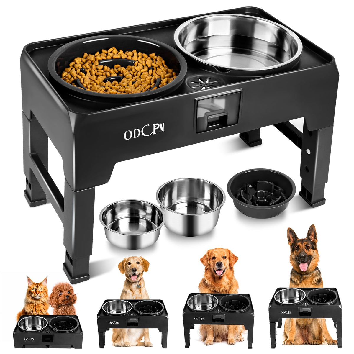 Elevated Dog Bowls, Dog Feeder with 2 Stainless Steel Bowls & 1 Slow Feeder Bowls, 6 Heights Adjustable Raised for Medium Large 