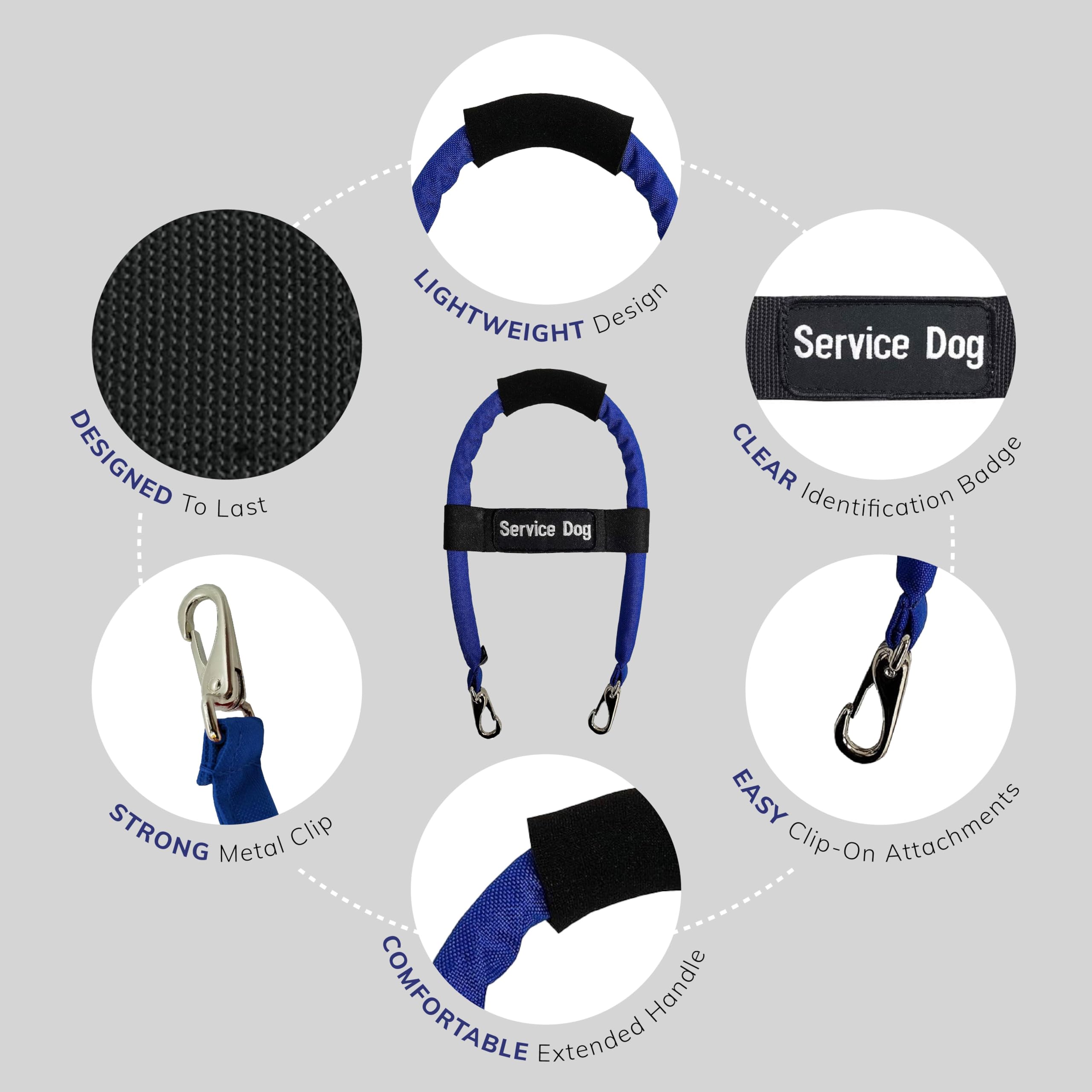 Activedogs Cordura Clip-On 12'' K9 Bridge Handle W/Neoprene Handle + Elastic Adjustable Service Dog Id Patch - Blue