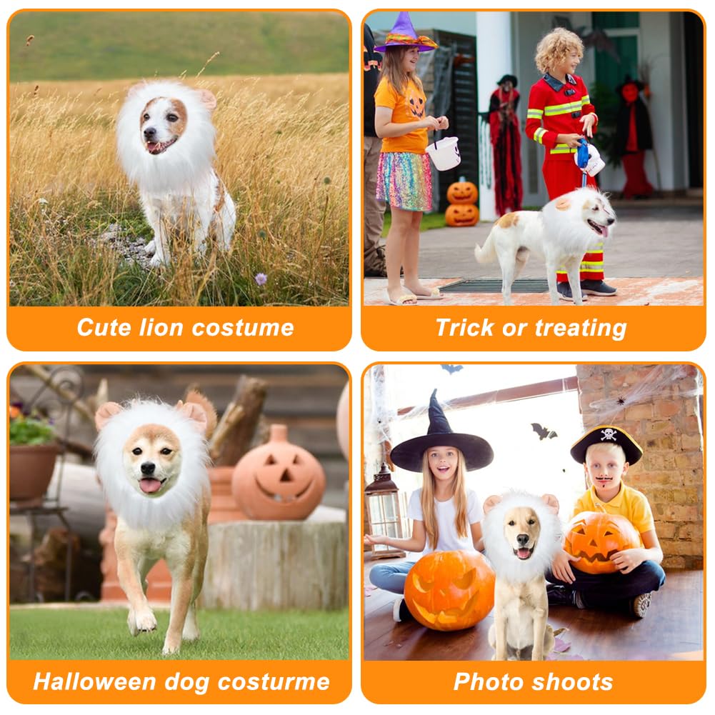 Vivifying Lion Mane Dog Costume, Adjustable Lion Wig With Faux Fur For Medium Dogs, Halloween Dog Accessory Perfect For Parties, Photoshoots, And Role-Playing (Medium, White)
