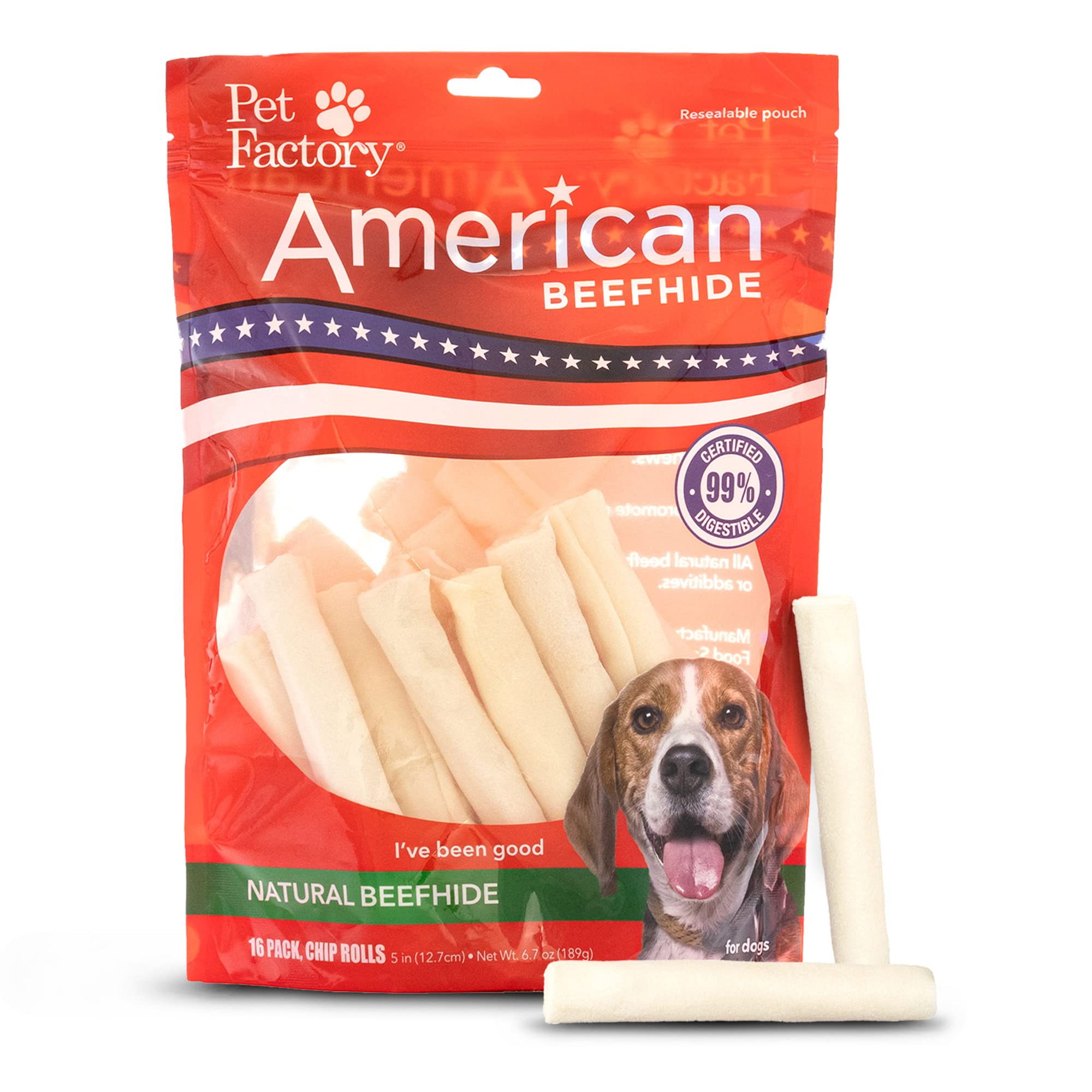 Pet Factory American Beefhide 5 Chip Rolls Dog Chew Treats - Natural Flavor, 16 Count/1 Pack