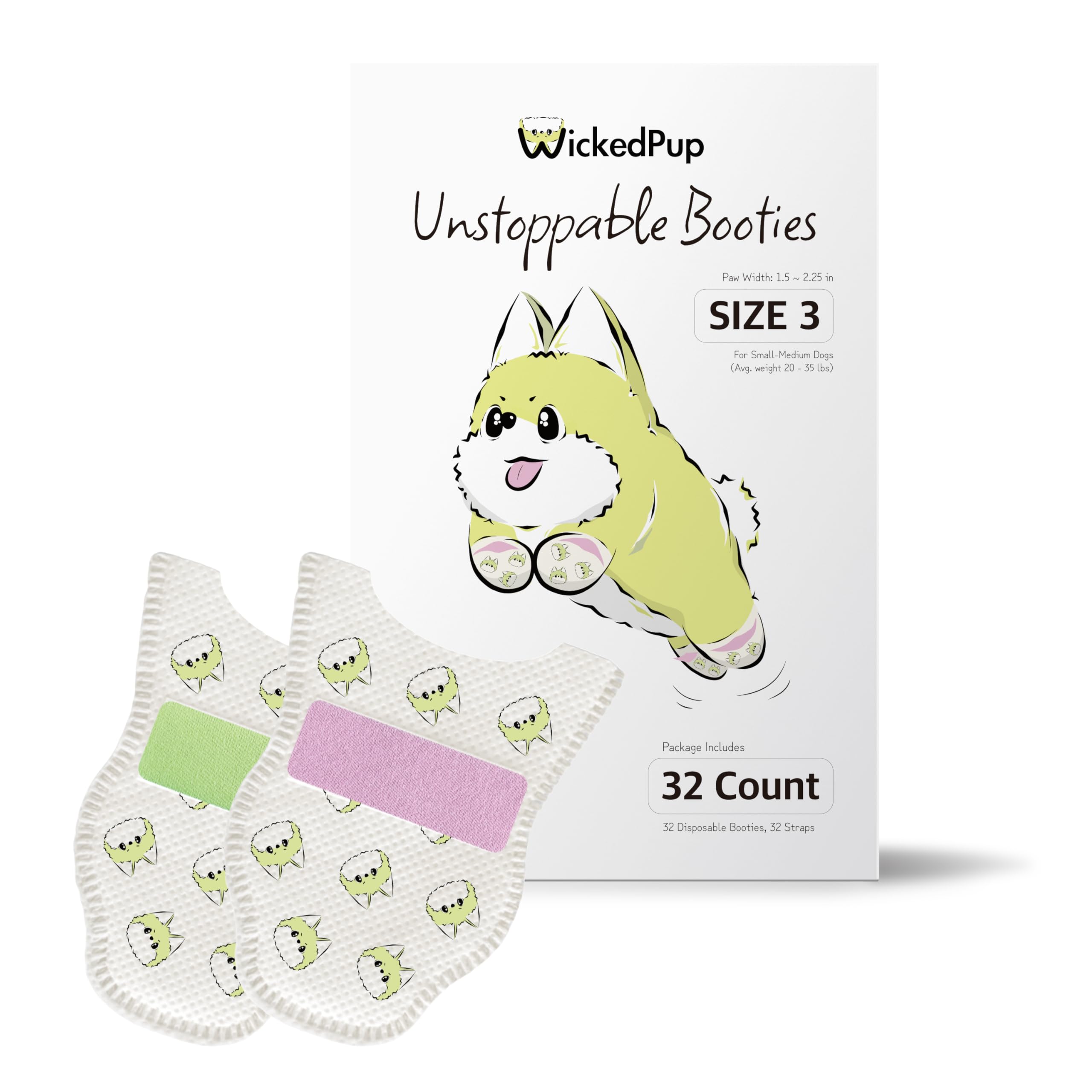 Wickedpup Unstoppable Booties For Dogs & Cats, 32 Count, Size 3 | Disposable Dog Boots & Paw Protectors | Breathable Puppy Shoes