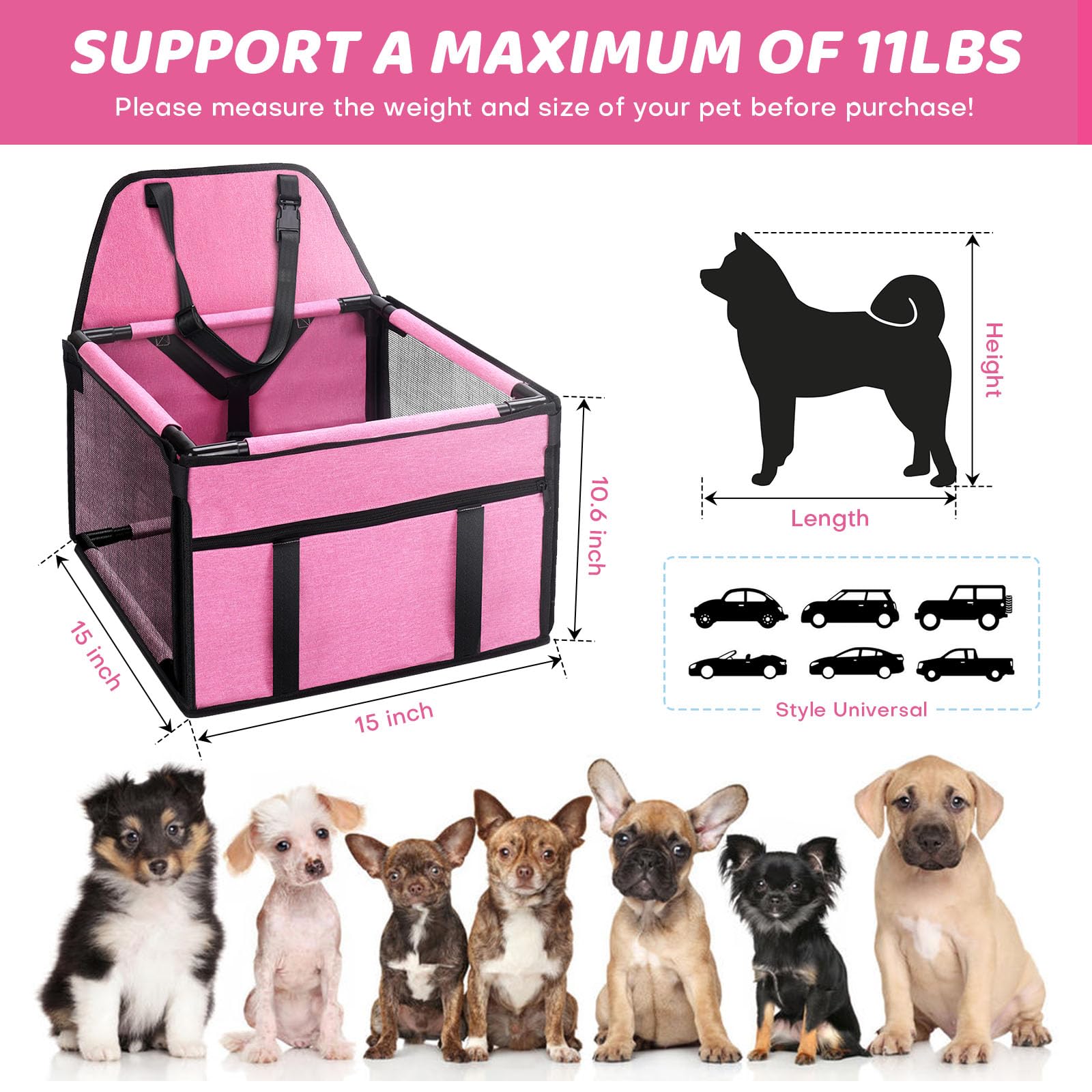 Genorth Dog Car Seats For Small Dogs,Portable Puppy/Pet Car Booster Seat With Clip-On Leash And Mesh Window For Small Pet Up To 11 Lbs