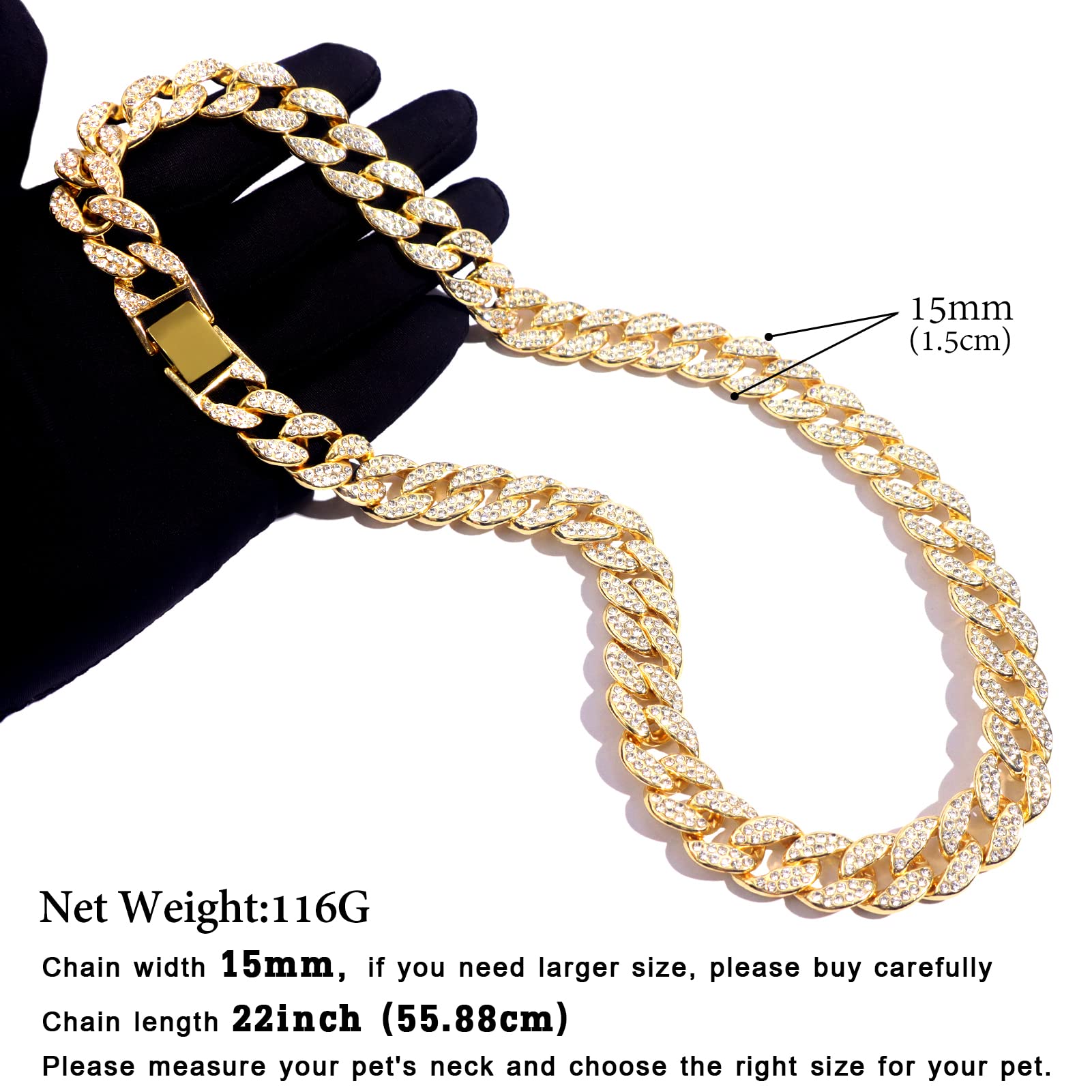Flatfoosie Gold Dog Chain Collar Diamond Cuban Link Durable Dog Chain Collar For Outside Walking Secure Buckle Dog Gold Chain For Small Medium Large Dogs Cats (22Inch, Gold)