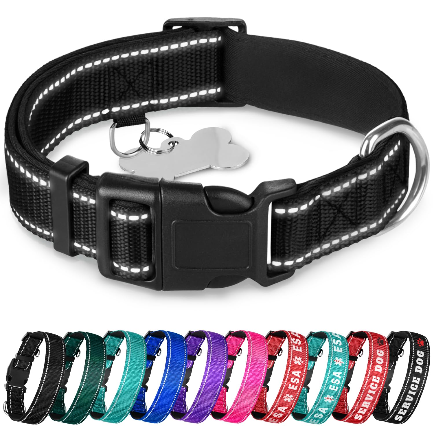 Teceum Reflective Pet Collar - Black - Xs - Extra Soft Padding - Basic Nylon Dog Collar - Quick Release Buckle - Fits Small, Med