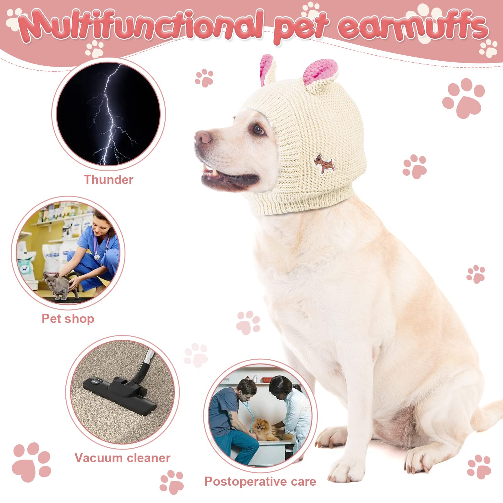Quiet Ears For Pets, Knitted Dog Hats With Noise Protection - Winter Hat & Snood Head Wrap For Medium To Large Dogs & Cats (Milk