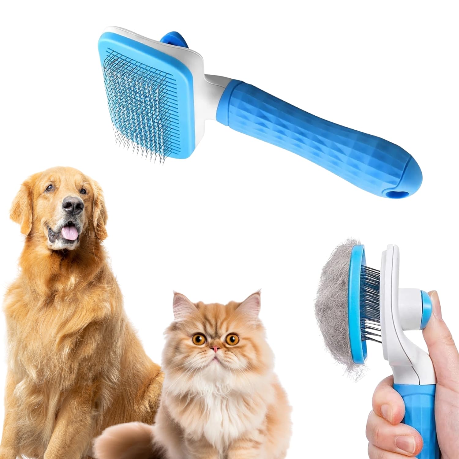 WiggleBoo Heavy Duty Self Cleaning Pet Grooming Bathing Brush  Anti Slip Rubber Handle Hair Remover Brush  Rectangle Slicker C