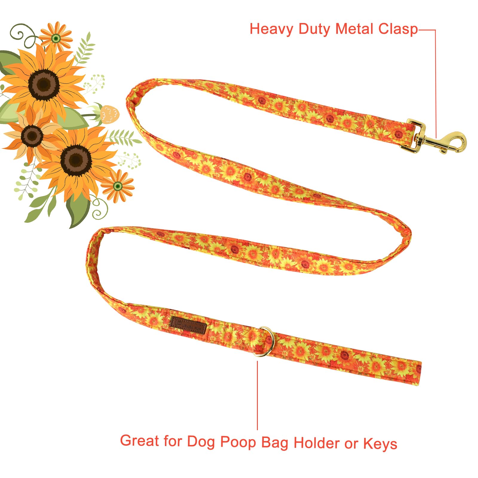 Up Urara Pup Fall Dog Collar & Leash Set, Sunflower Pattern, Sturdy Durable Cotton, Suitable For Small To Large Dogs