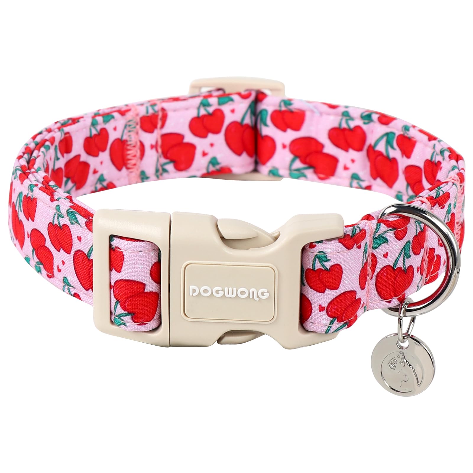 Dogwong Pink Heart Cherry Dog Collar Adjustable Soft Natural Fabric Girl Pet Dog Collar Cute Heart Valentine Puppy Necklace For 