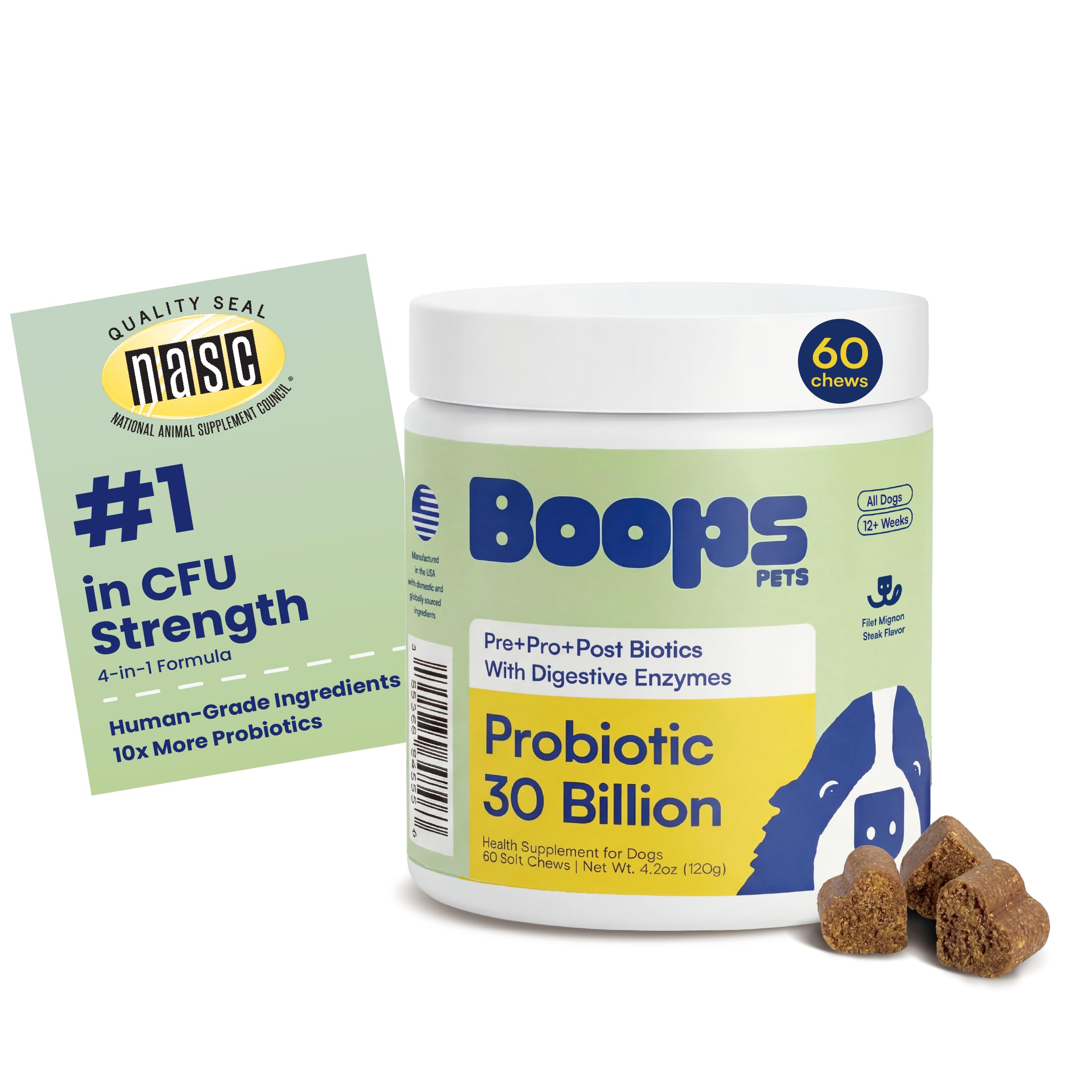 Boops Pets Probiotics for Dogs - 30 Billion CFU with Pre, Postbiotics & Digestive Enzymes - Supports Gut Health, Immunity, Loose