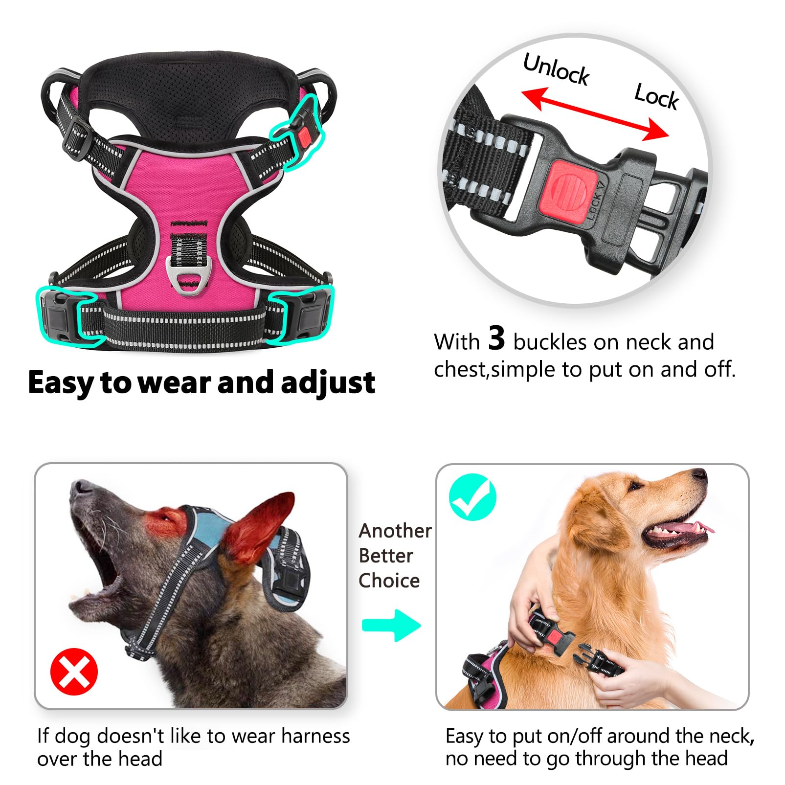 Timos No Pull Dog Harness, No Choke Front Lead Dog Reflective Harness, Adjustable Soft Padded Pet Vest With Easy Control Handle