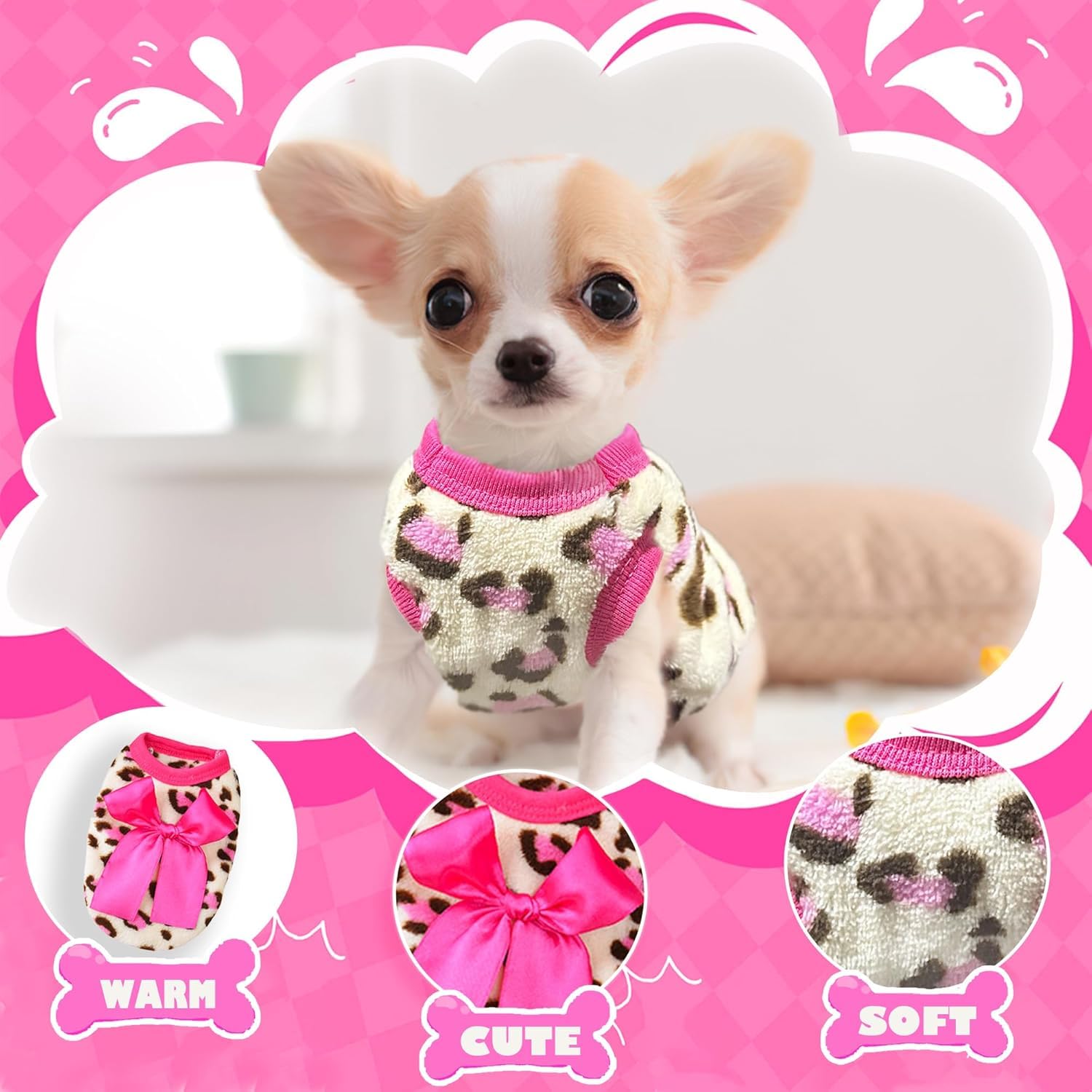 2 Pieces XXS Dog Sweater for Small Dogs - Leopard Teacup Chihuahua & Yorkie Puppy Clothes (Pink+RED, XX-Small)