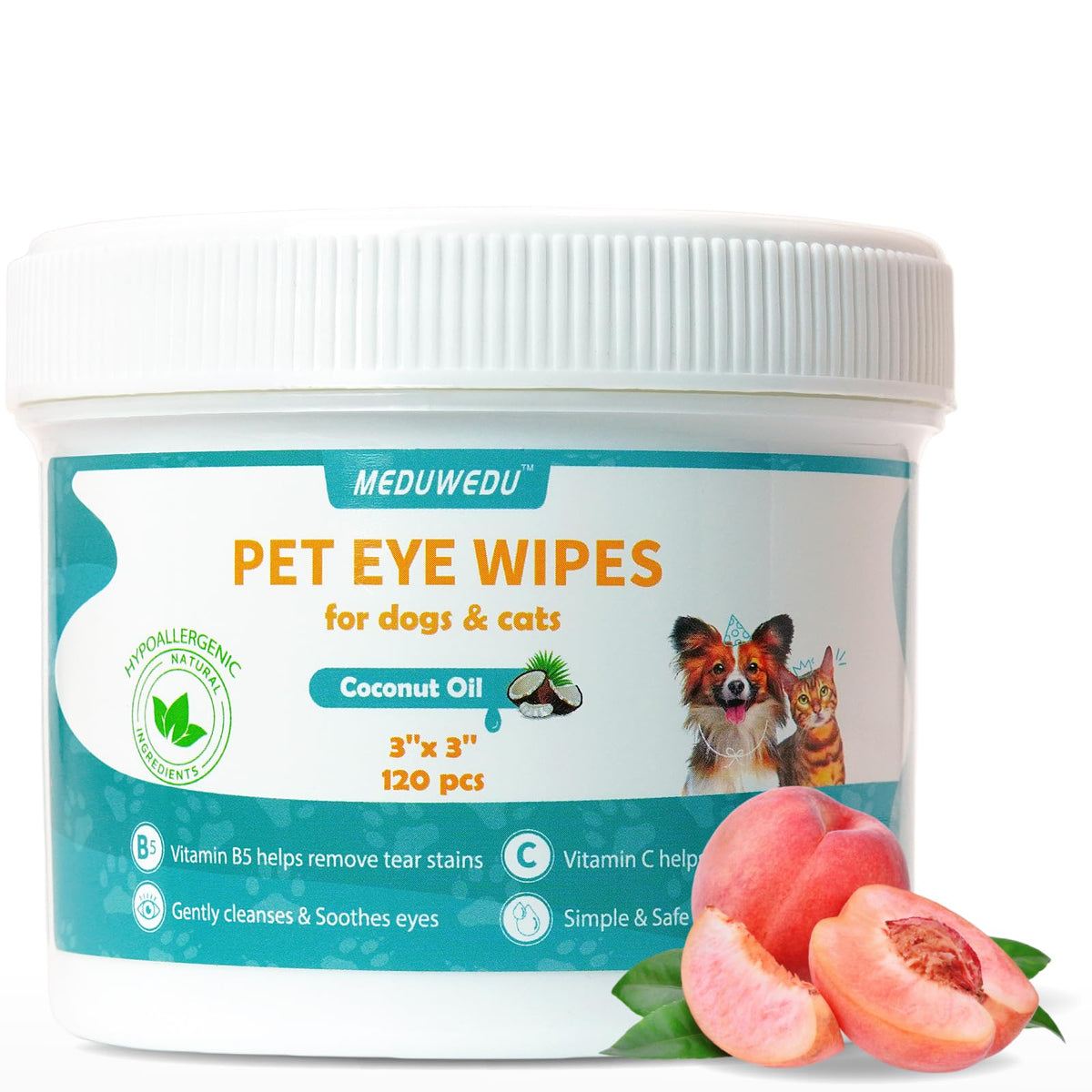 Meduwedu Eyes Wipes For Dogs & Cats 120 Counts, Grooming Kit Care For Dogs And Cats, Gently Remove Tear Stain, Eye Debris, Discharge, Mucus Secretions, Peach Scent