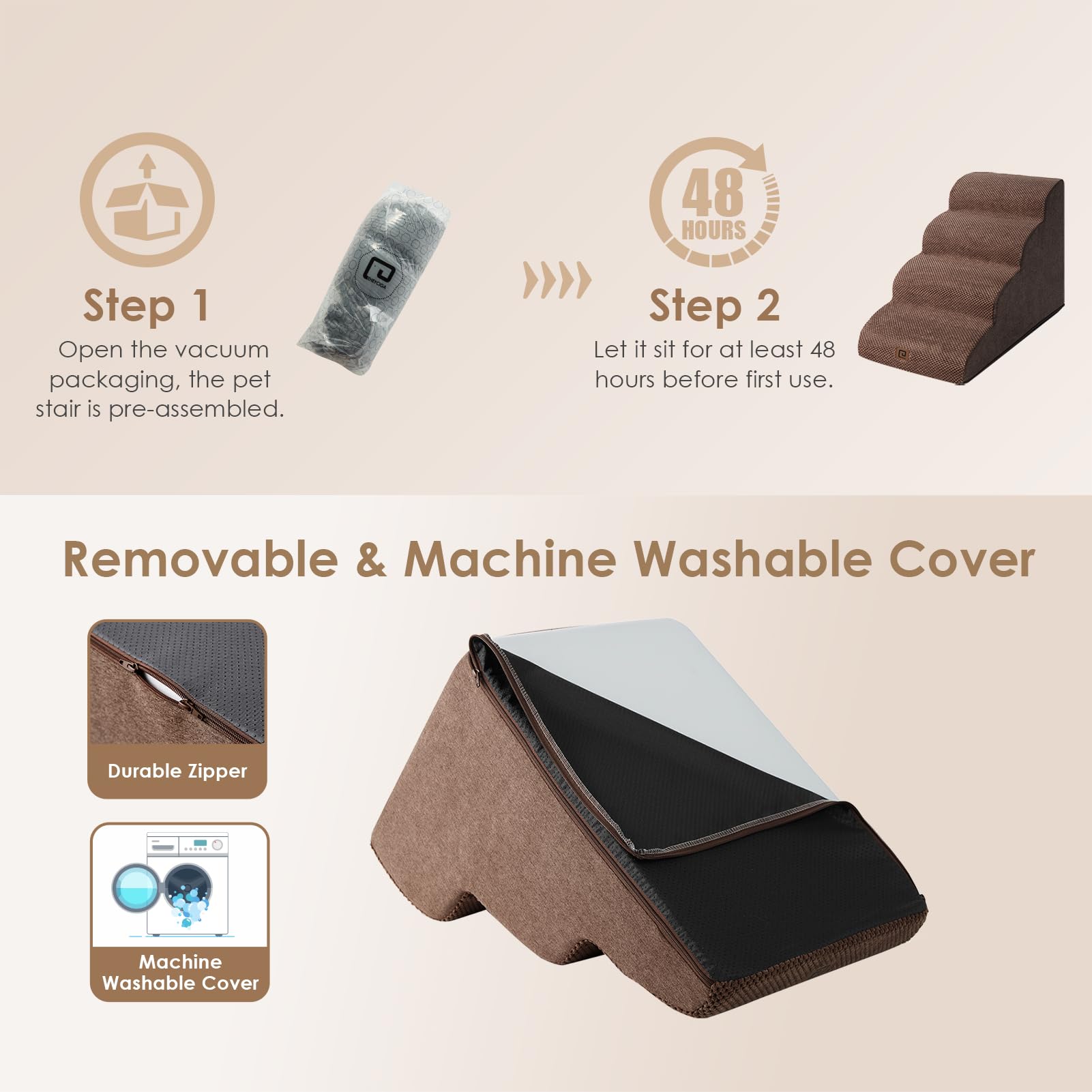 Eheyciga Curved Dog Stairs Ramp For High Beds 19.7' H, 4-Step Dog Steps For Small Dogs And Cats, Pet Stairs For High Bed Climbing, Non-Slip Balanced Pet Step Indoor, Brown