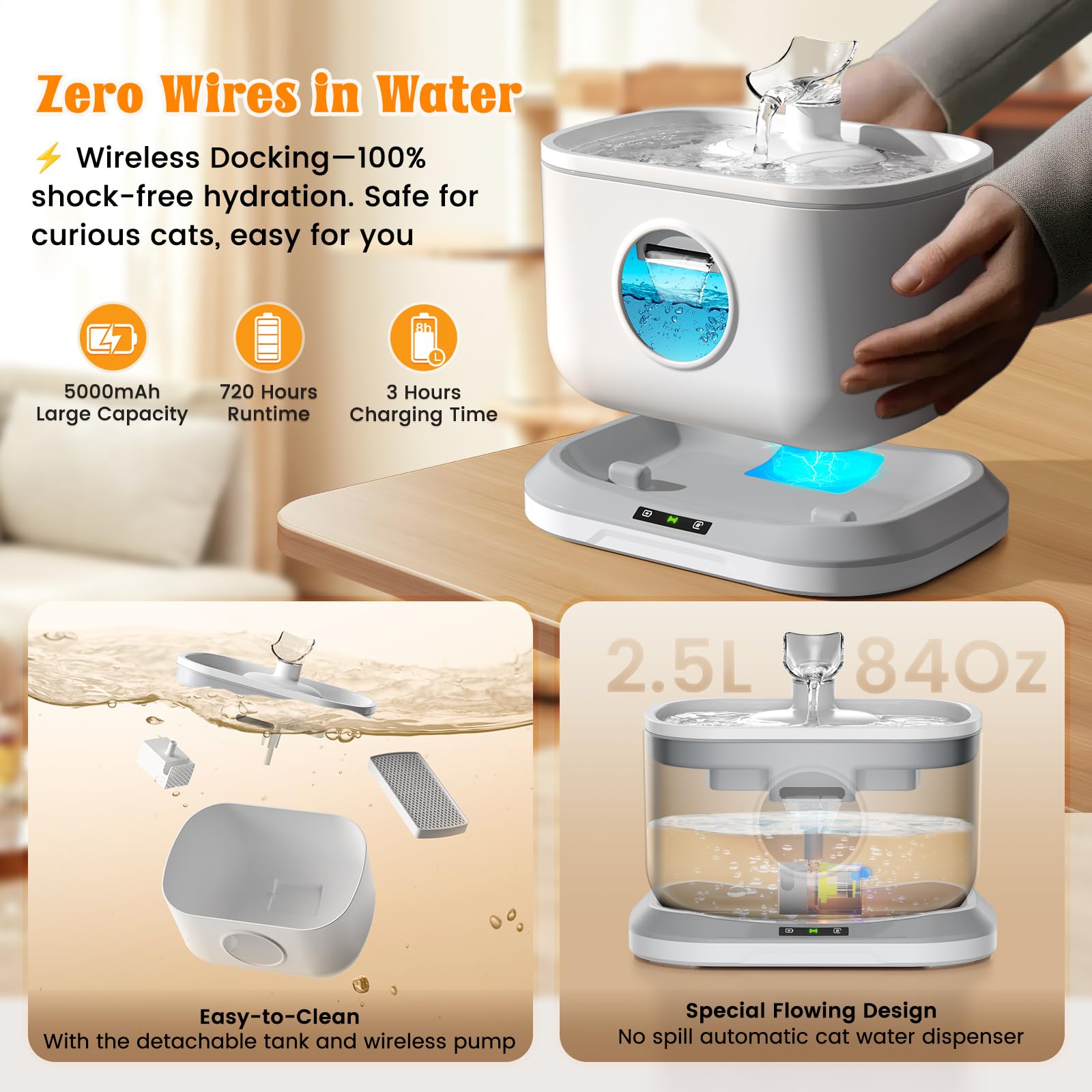 Petlipo Cat Water Fountain Cordless (White, Cordless Cat Fountain White)