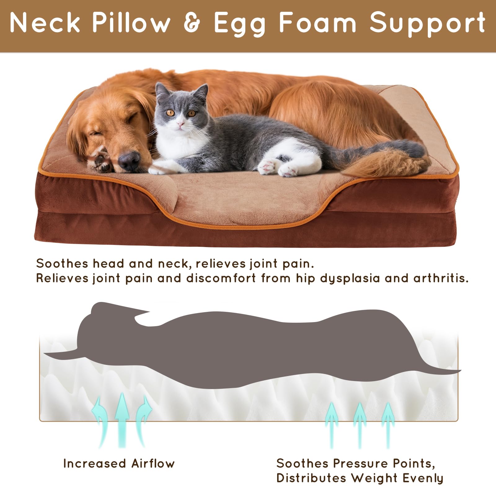 Fluffydream 28 Inch Memory Egg-Crate Foam Dog Bed, Orthopedic Pet Couch Bed With Washable Removable Cover, Brown