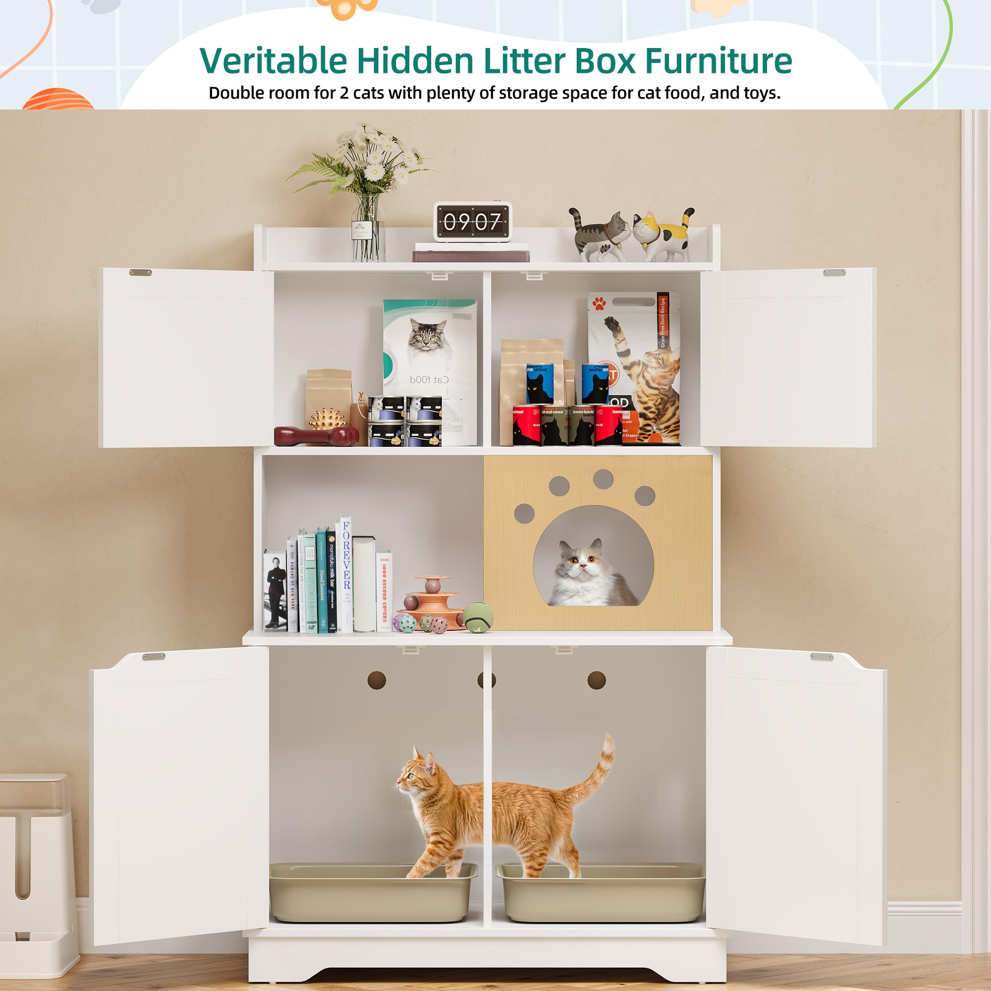Yitahome Double Cat Litter Box Enclosure With Shelves, Tall Two Cat Litter Box Shelf Furniture With 2 Storage Cabinet, Wooden Du