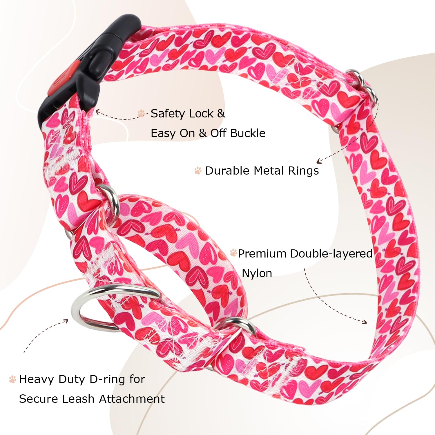 Martingale Collar For Dogs, Pink Heart Dog Collar For Small Medium Large Dogs, Girl Dog Collars With Quick-Release Buckle For Tr