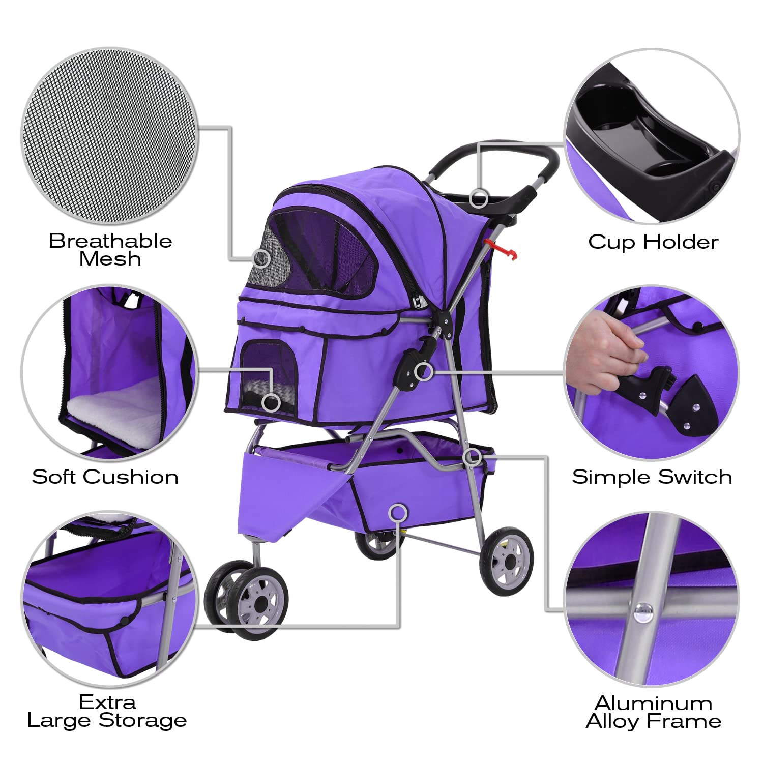 Hcy Folding Dog Stroller, 3 Wheels Cat Strollers Pet Gear For Small Medium Cats Dogs Puppy With Storage Basket, Cup Holder,Lightweight-Purple, 35.04Inchx17.32Inchx38.58Inch