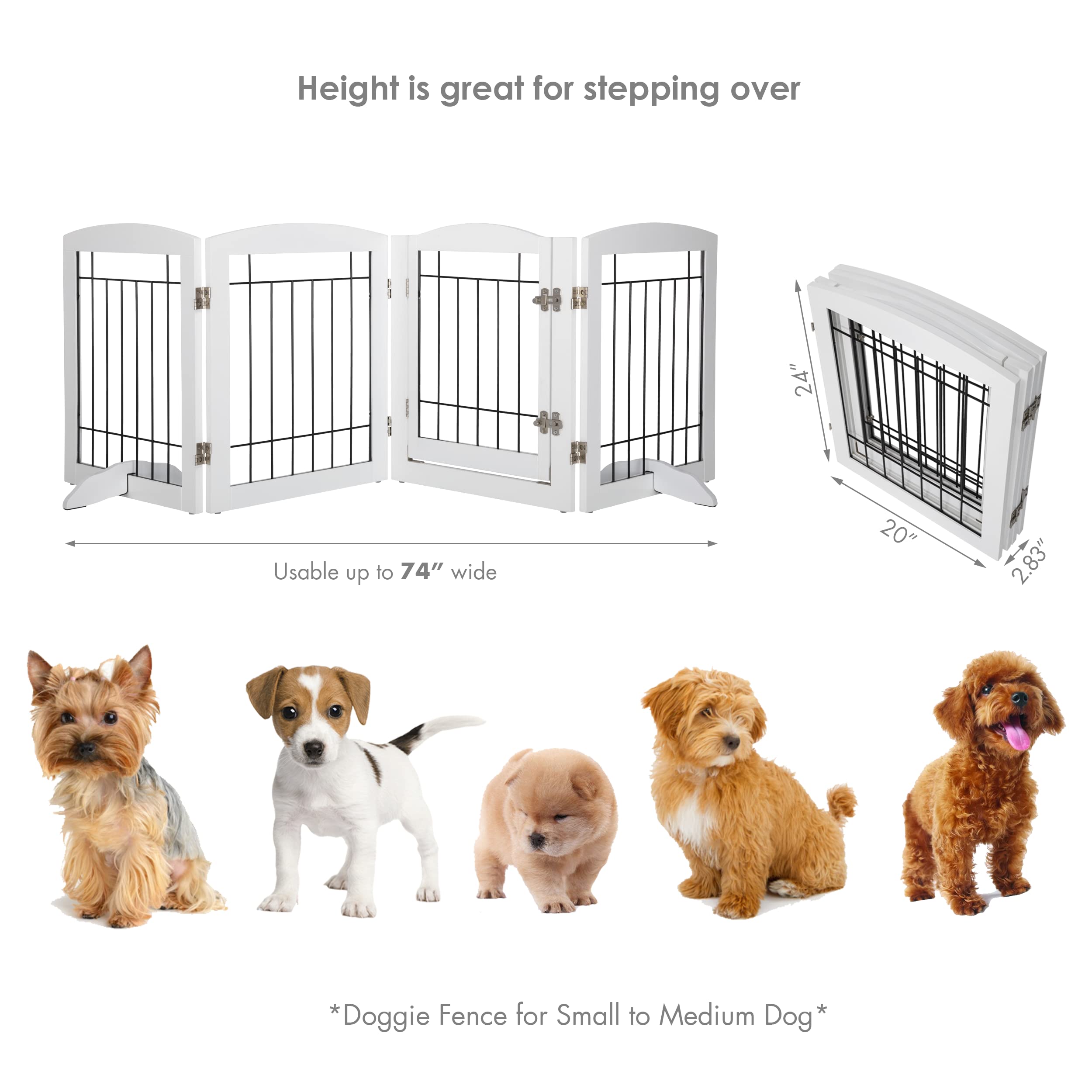 PAWLAND Freestanding Dog Gate with Door, 80" Wide, 24" Tall, White, 4 Panels, Wood Safety Fence for Home, Doorway, Stairs