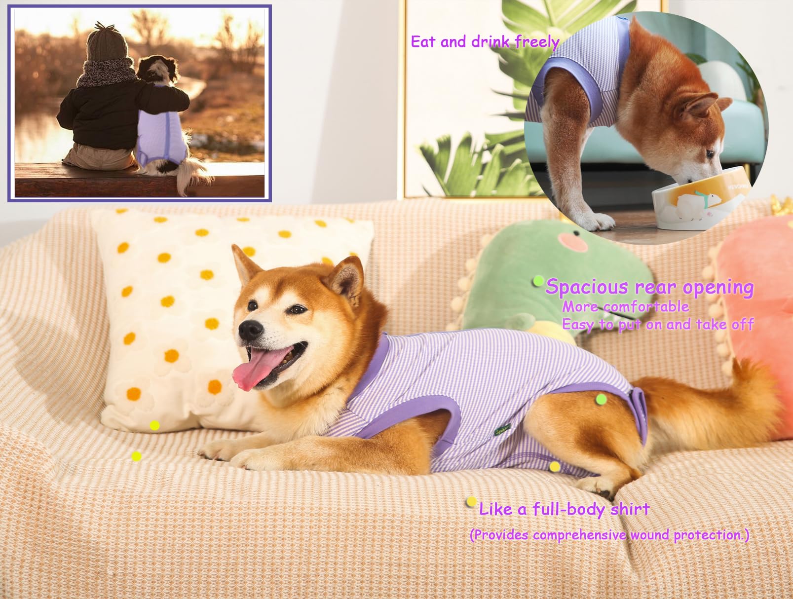 Sychien Dog Recovery Suit Purple Female Spay Surgical Small Shirt, Male Surgery Recovery Suit,Purple-White Striped Xs