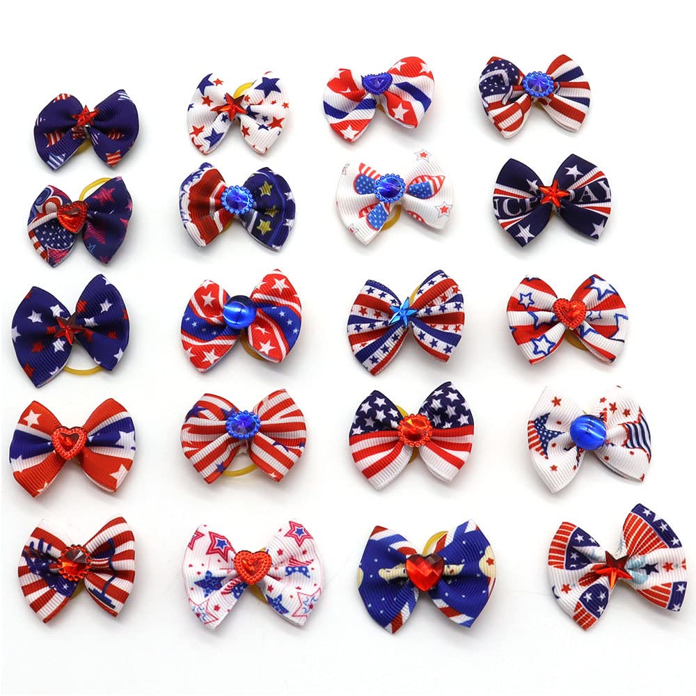 20Pcs/10 Pairs Patriotic Independence Day Decoration Yorkie Dog Puppy Hair Bows With Rubber Bands Hair Accessories Bow Pet Groom
