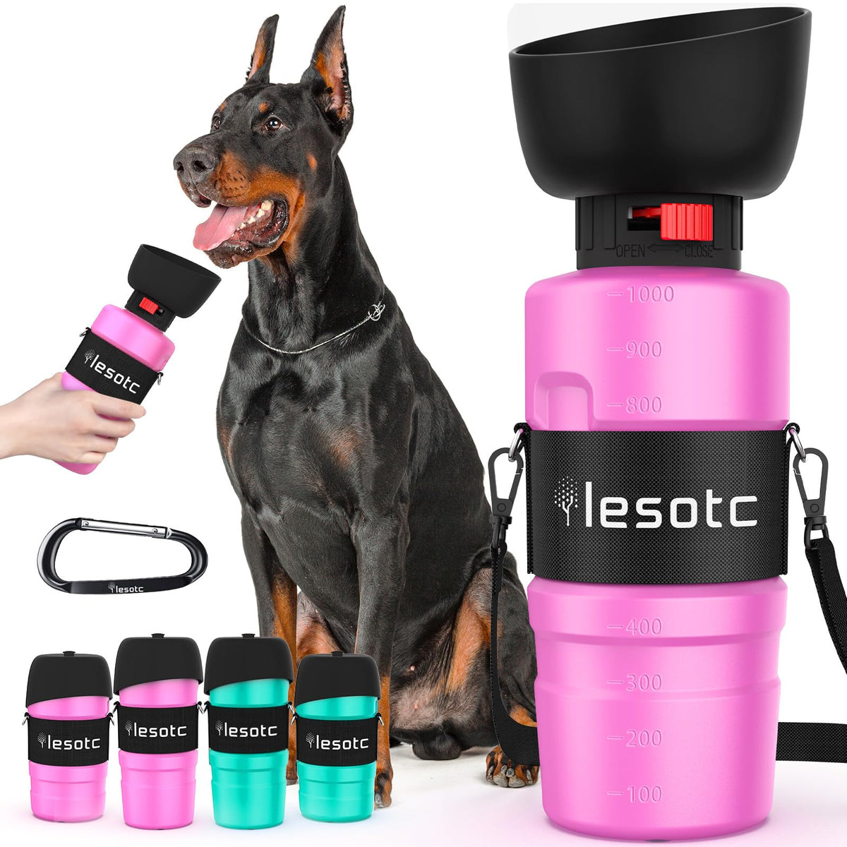 Lesotc 2024 Upgraded Dog Water Bottle, 34Oz/1000Ml Portable Dog Water Bottle Travel Water Bowl, Leak Proof Foldable Pet Water Bo