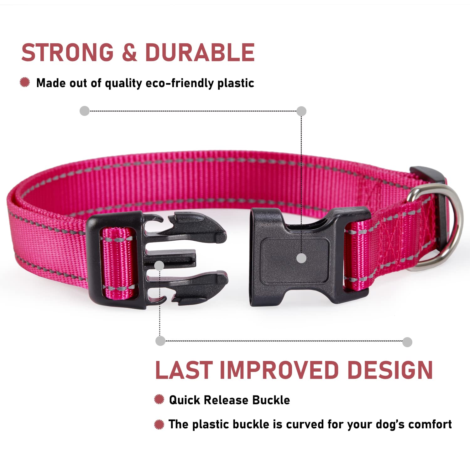 Reflective Dog Collar With Buckle Adjustable Safety Nylon Collars For Small Medium Large Dogs, Pink Xl