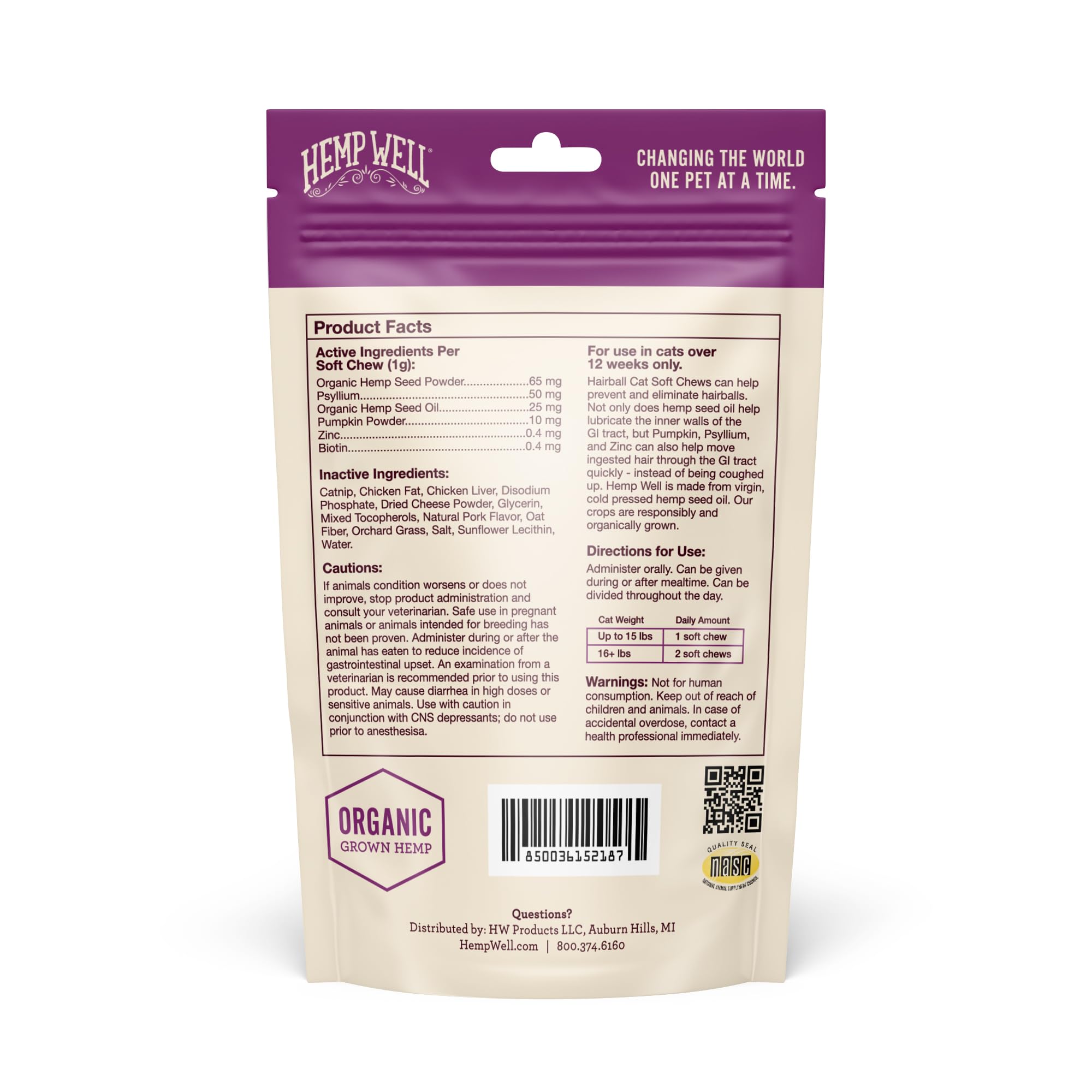 Hemp Well Cat Hairball Soft Chews for Cats (2 Pack), Organic USA Grown, Chicken Cheese & Catnip Flavor!