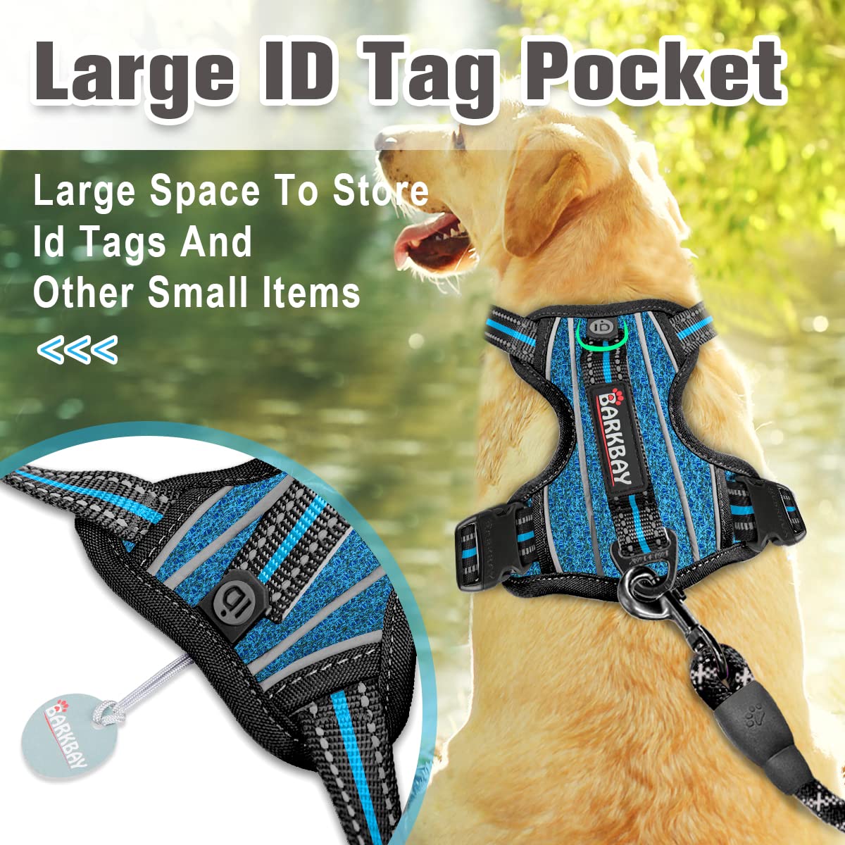 BARKBAY No Pull Dog Harness Front Clip Heavy Duty Reflective Easy Control Handle for Large Dog Walking with ID tag Pocket(Blue/B