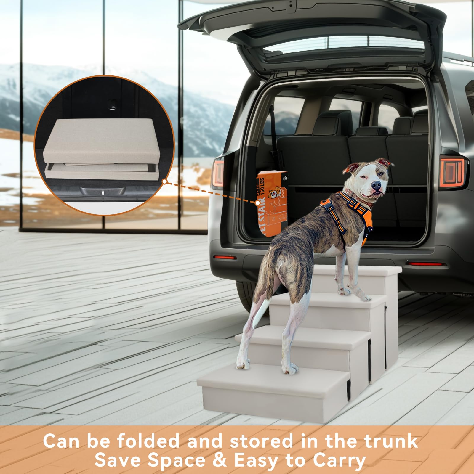 Zerbuger Dog Stairs with Condo 23  H, 4-Step Wider Folding Storage Pet Stairs Gift for Small/Medium/Large Old Dogs Cats, Dog Ste