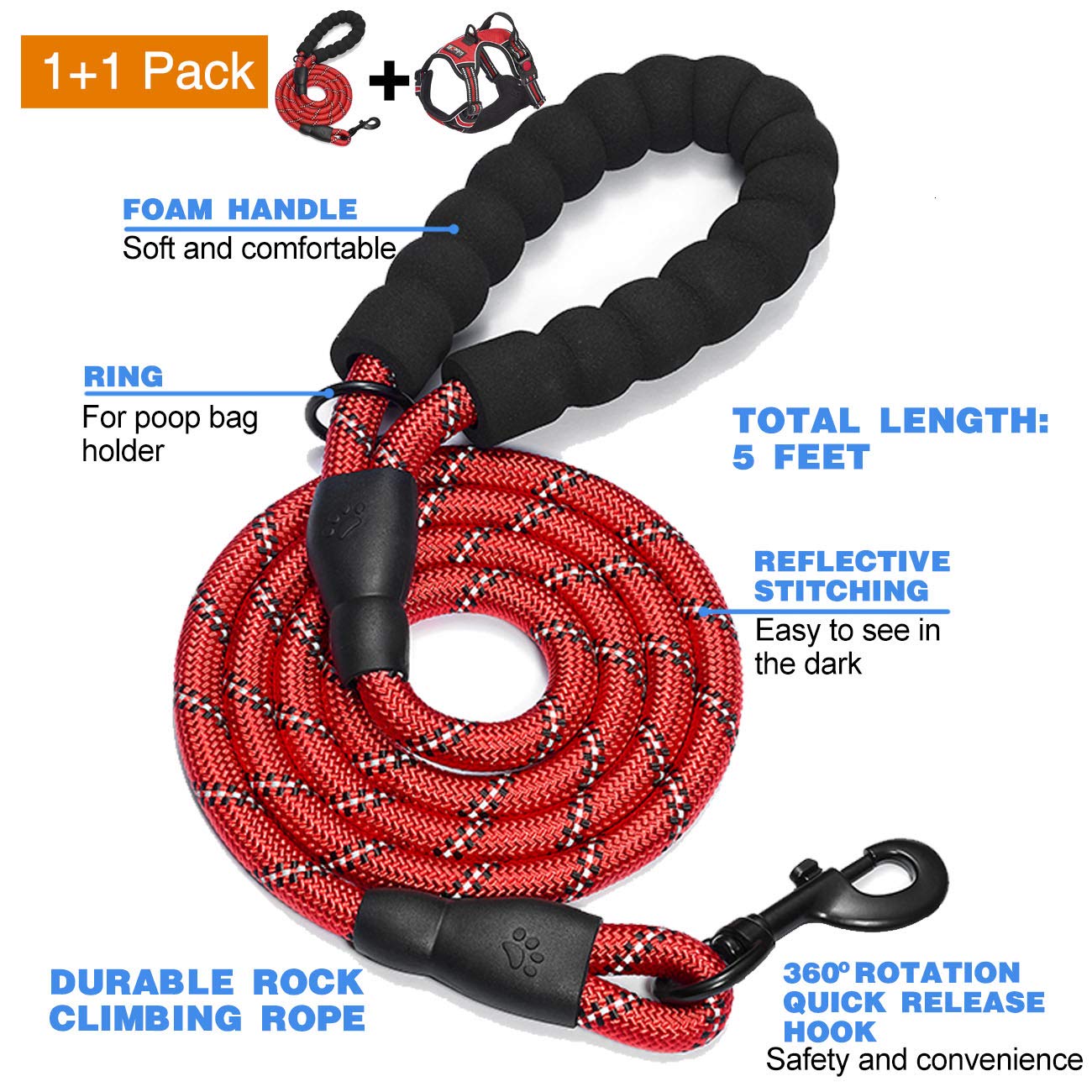 Tobedri No Pull Dog Harness Adjustable Reflective Oxford Easy Control Medium Large Dog Harness With A Free Heavy Duty 5Ft Dog Leash (M (Neck: 14.5'-20.5', Chest: 22'-28'), Red Harness+Leash)