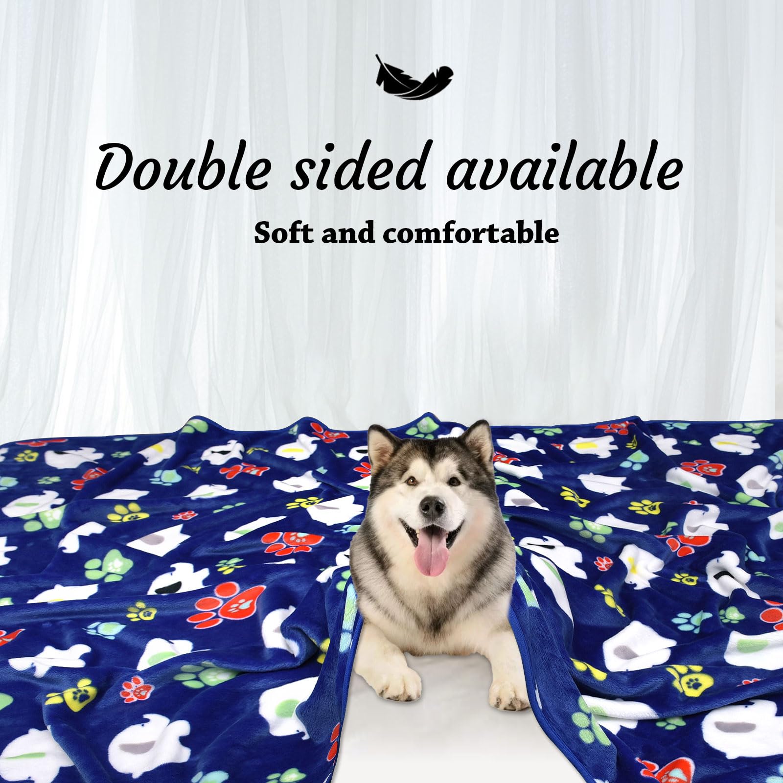 Rezutan Soft Fleece Dog Blanket, 60X50 inches, Blue Elephant Pattern and Paw Prints, Polyester, Breathable, Fade Resistant, Ligh