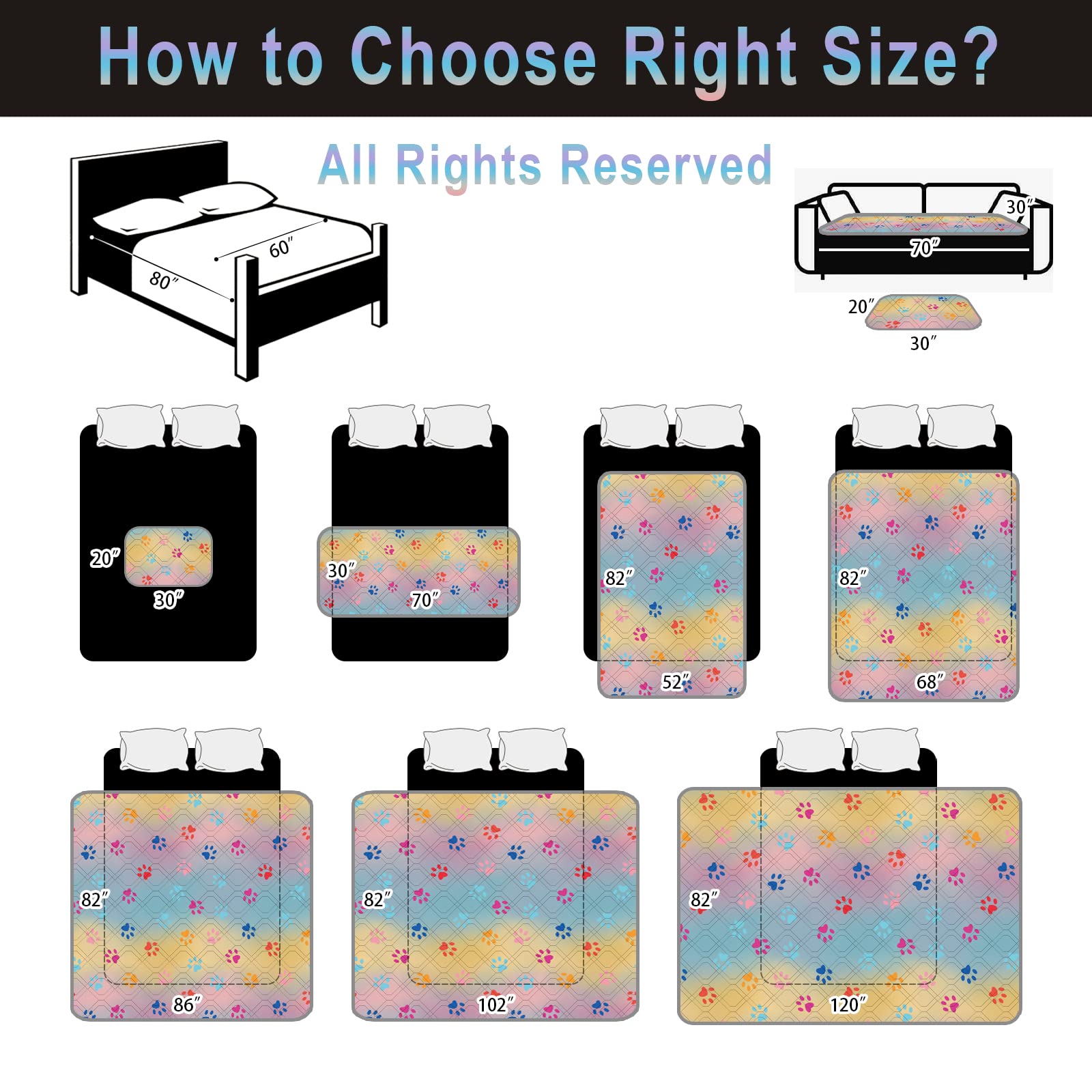 Topthumbs 100% Waterproof Dog Bed Cover 86X82 Inch Reversible Changing Pad Reusable Camping Mat For Kids/Pet/Dog/Cat Washable Geometric Embroidery Blanket Patchwork Rainbow Dog Paw Printed+Gray