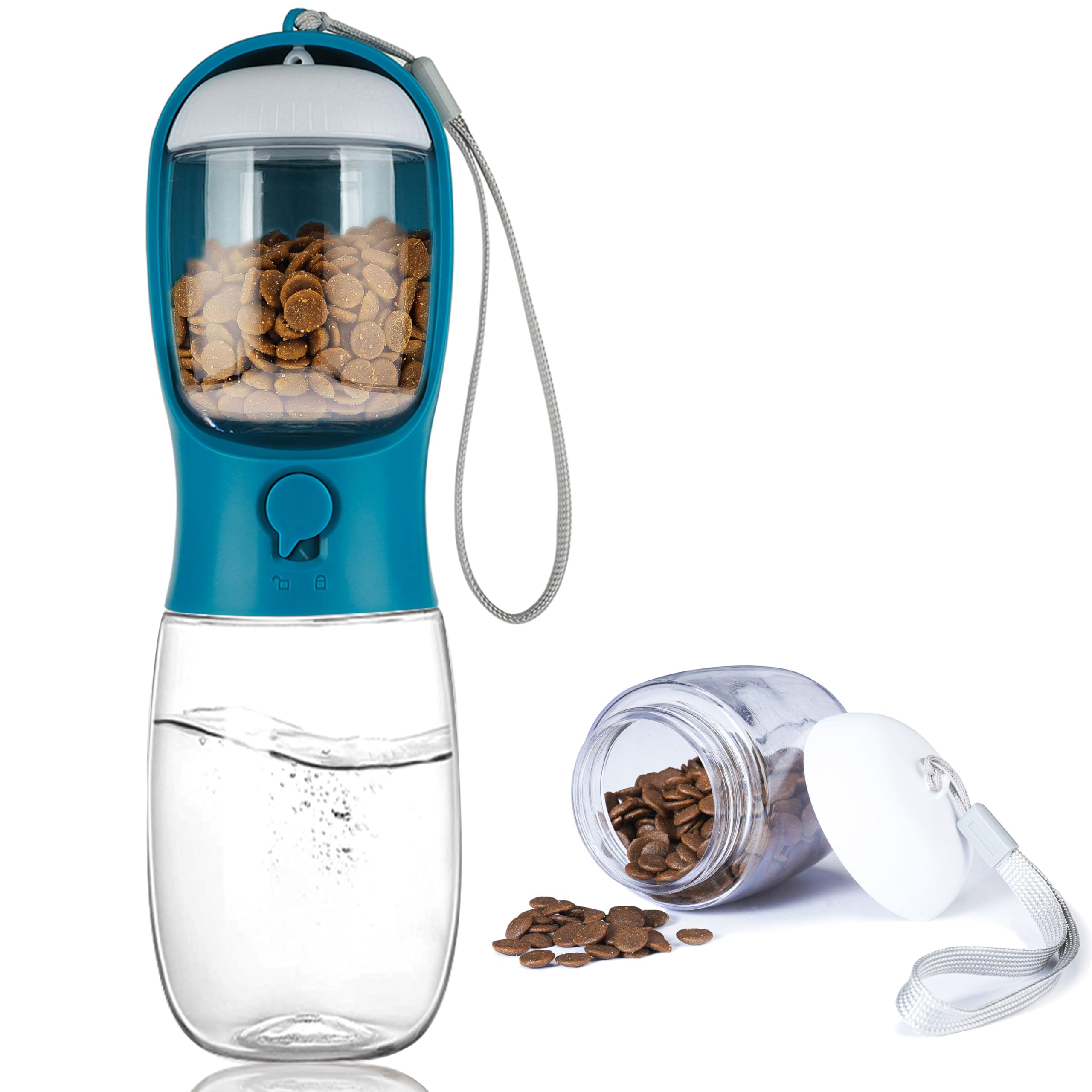 AVELORA Portable Dog Water Bottle with Food Container,15oz Leak-Proof Pet Water Dispenser for Dogs, Cats, Puppies,Built-in Activ