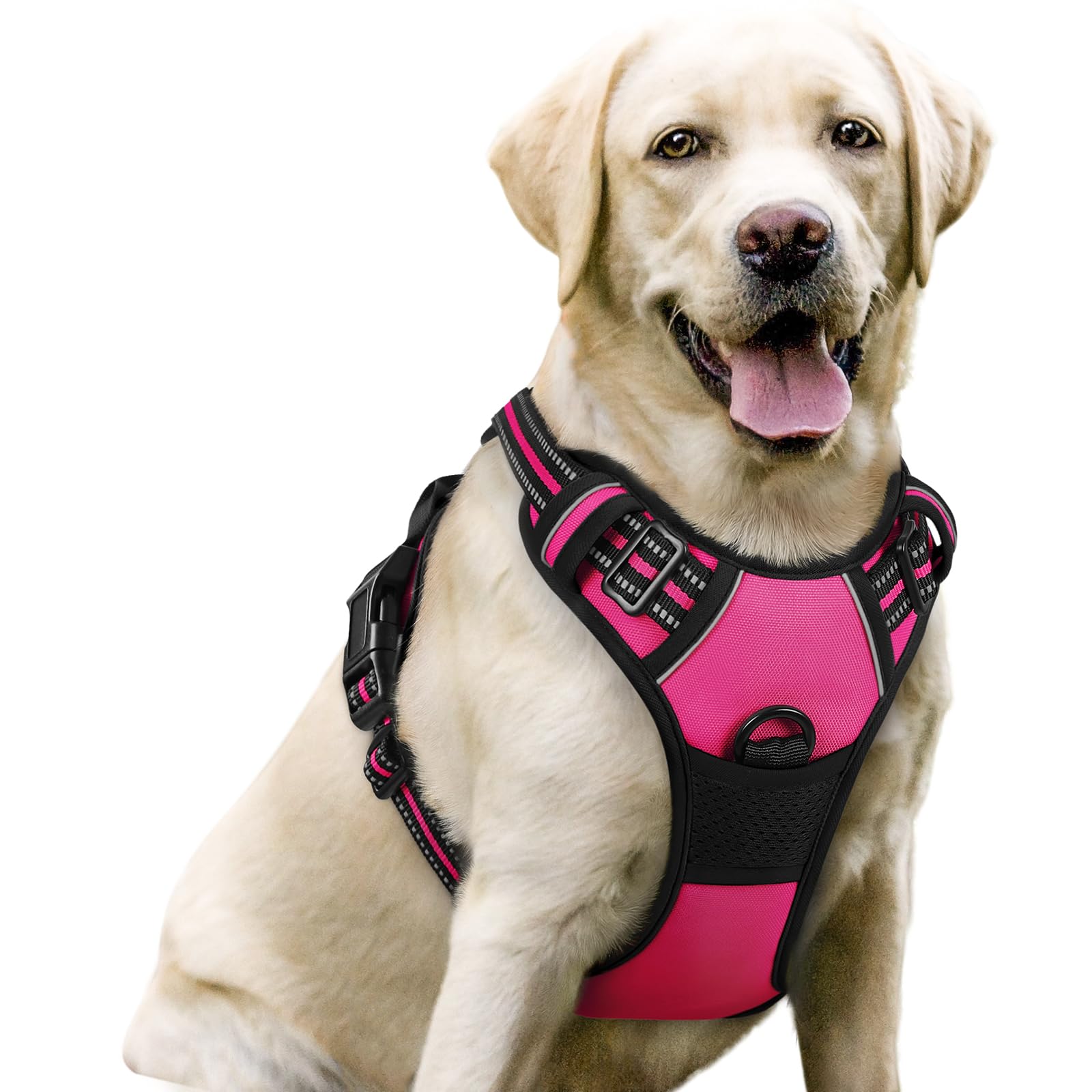 Rabbitgoo Dog Harness, No-Pull Pet Harness With 2 Leash Clips, Adjustable Soft Padded Dog Vest, Reflective No-Choke Pet Oxford Vest With Easy Control Handle For Large Dogs, Hot Pink, L