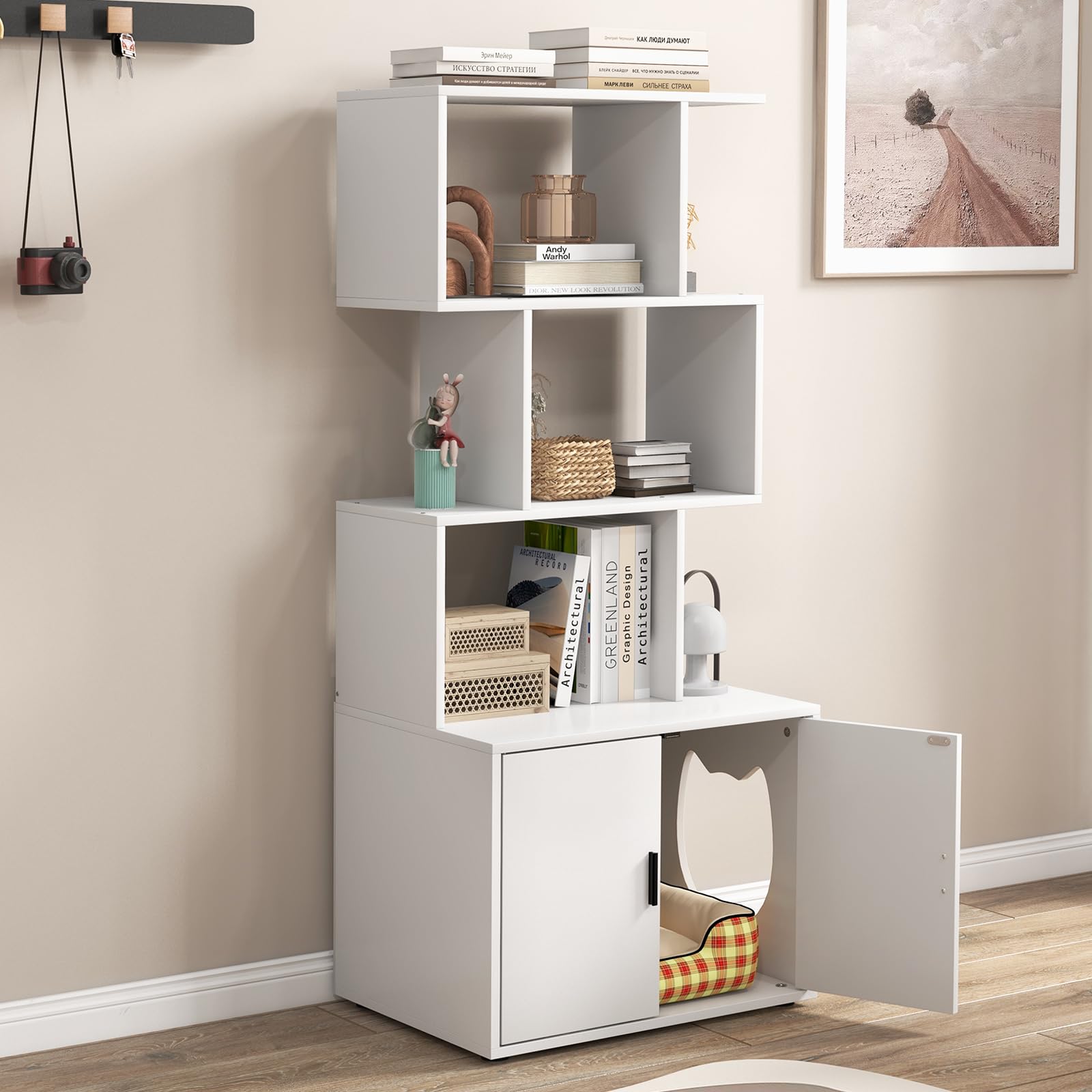 Petsite Cat Litter Box Furniture With 3 Shelves And Doors, 56 Inch Tall Cat Box Enclosure With Display Shelves And Side Entry, I