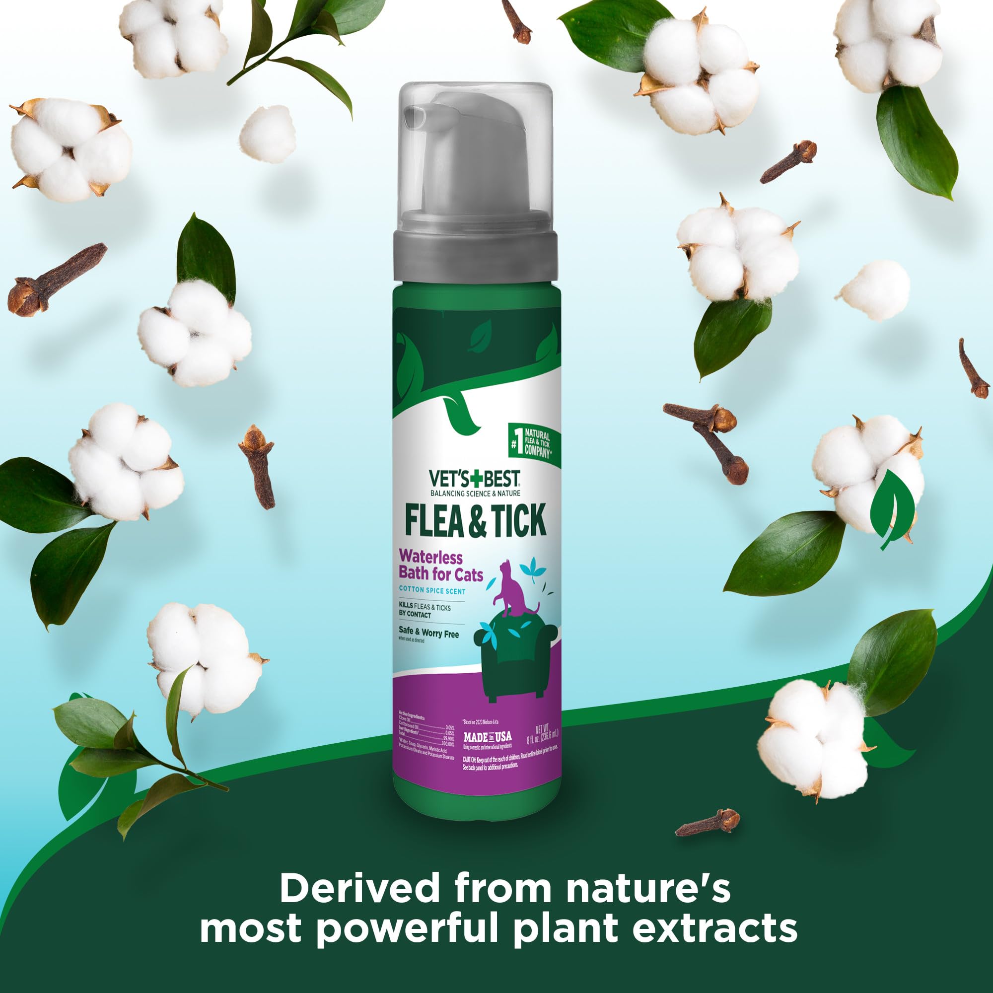 Vets Best Flea & Tick Waterless Bath for Cats - Cat Waterless Bath - Kills Fleas & Tick - Natural Flea and Tick Prevention - Ki
