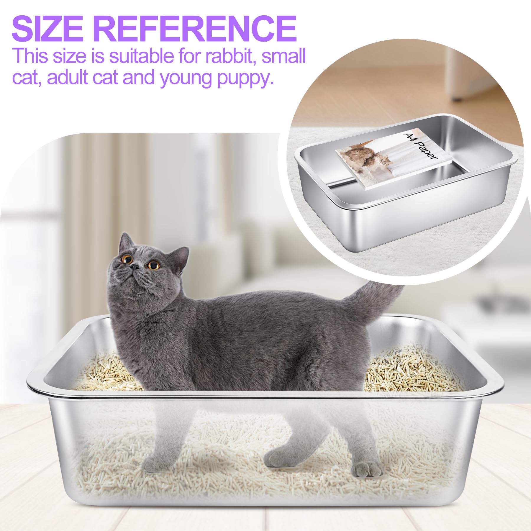 Phepetroll 3 Pack Stainless Steel Cat Litter Boxes 19.7' L X 13.8' W X 5.9' H Extra Large Metal Litter Boxes With High Sides
