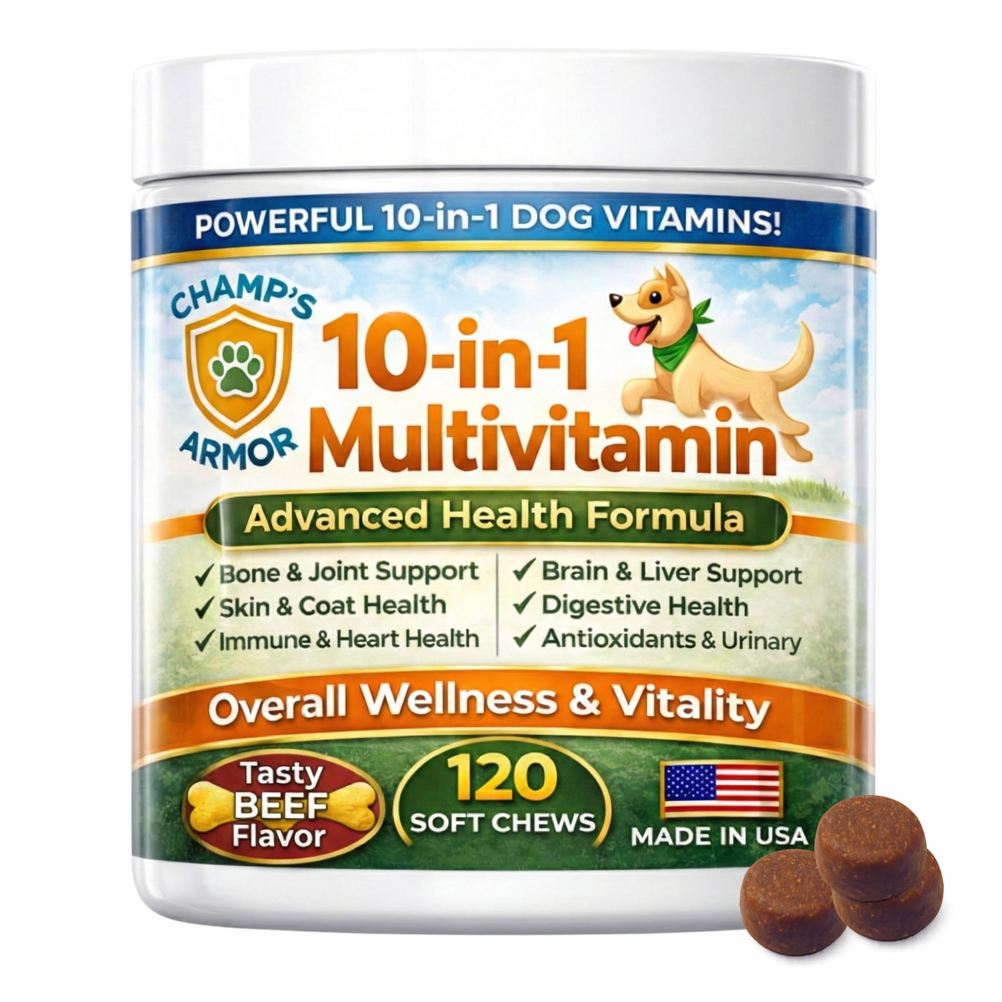 Dog Multivitamin 10-in-1 with Glucosamine - Hip Joint Support, Skin & Coat, Digestive Health, Immune Boost - Salmon Oil, Probiot