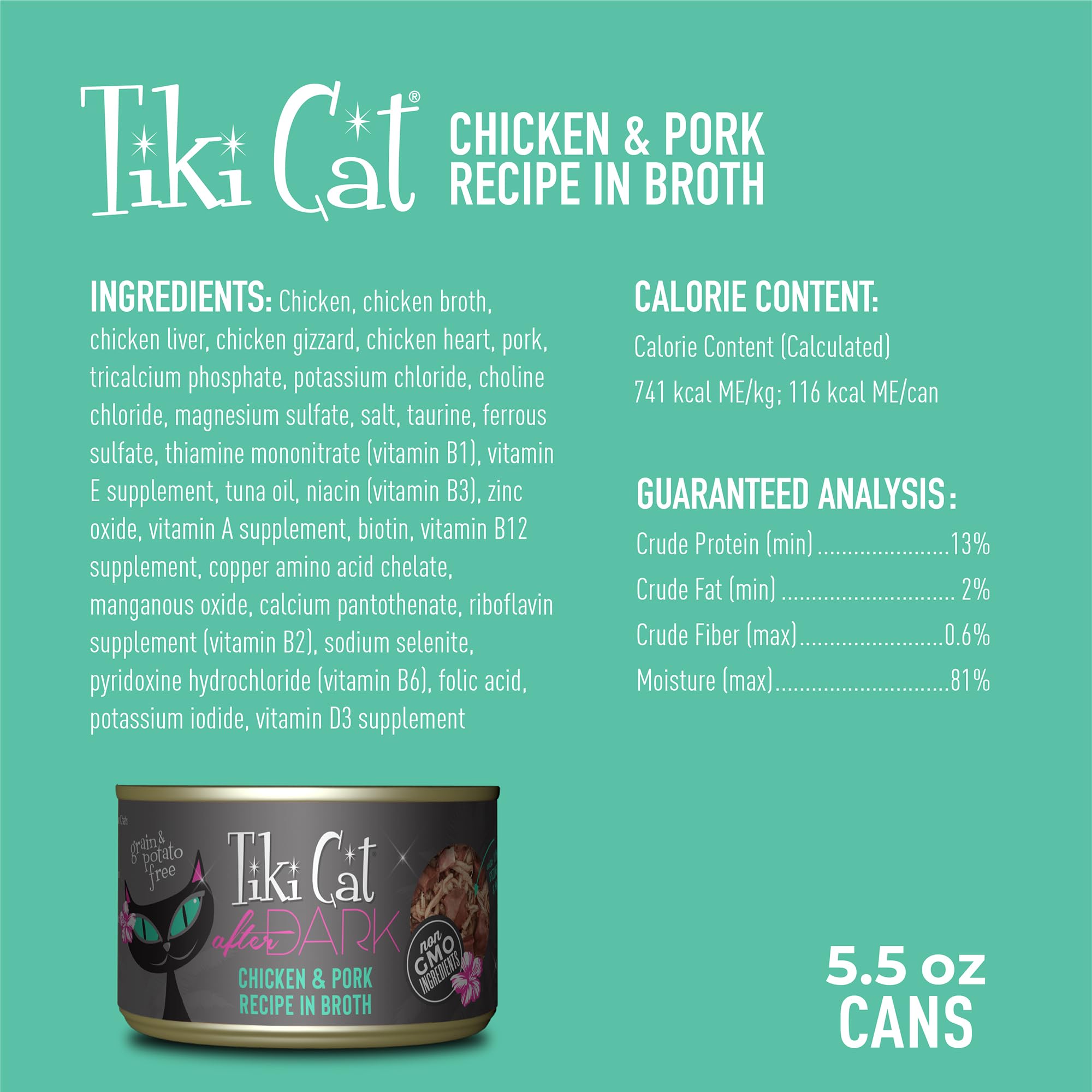 Tiki Cat After Dark, Chicken & Pork, High-Protein and 100% Non-GMO Ingredients, Wet Cat Food for Adult Cats, 5.5 oz. Cans (Pack