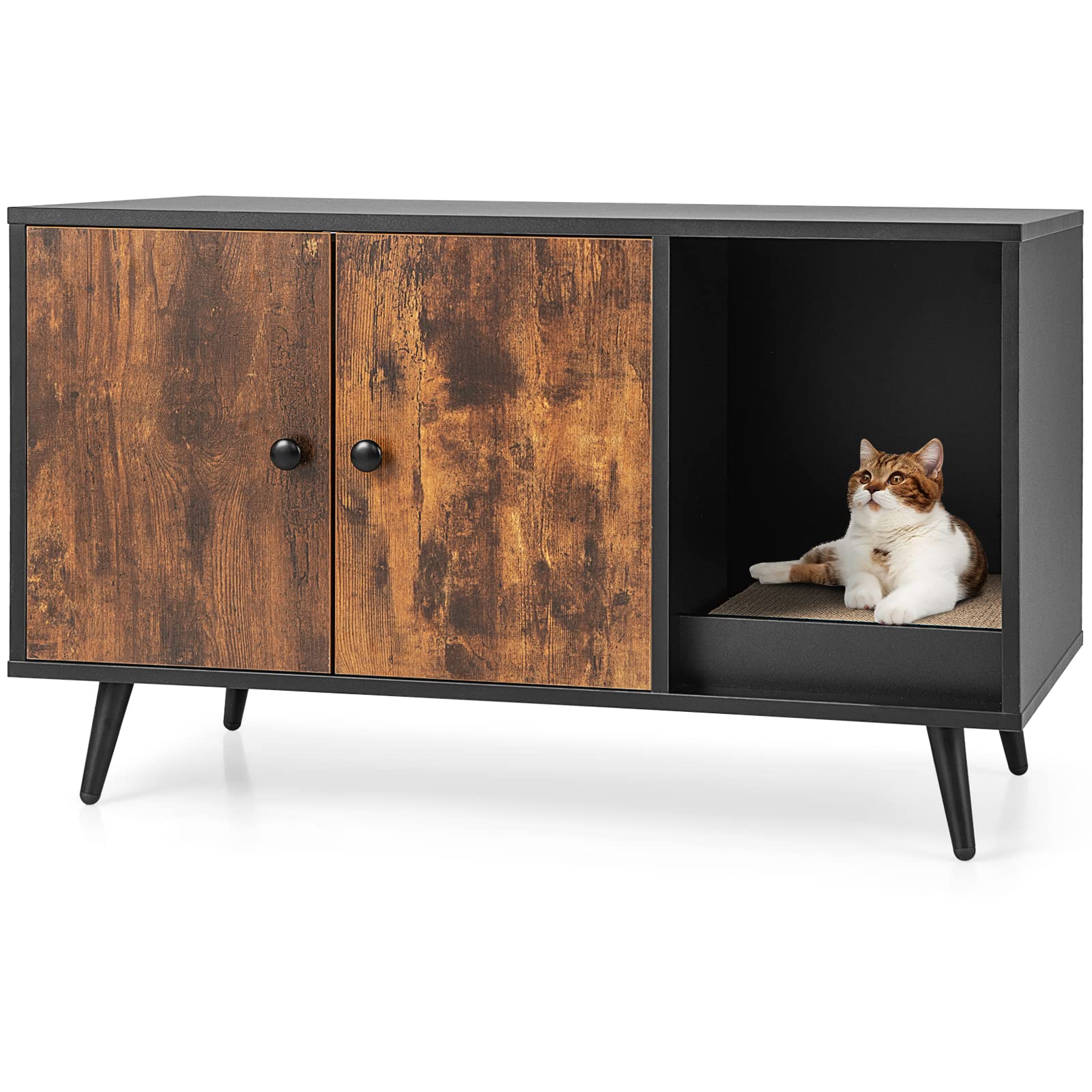 Petsite Litter Box Enclosure, Wooden Hidden Litter Box Furniture With Cabinet & Scratching Pad, Stackable Cat Washroom Pet House