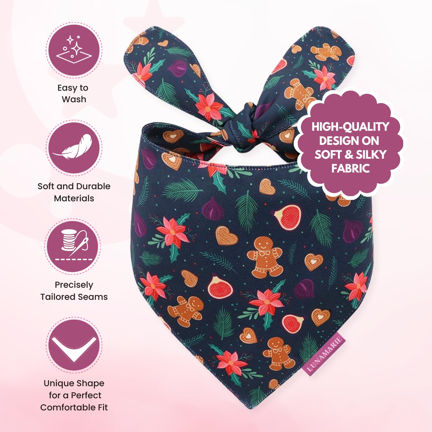 Lunamarie - Luxury Pet Birthday Bandanas -Premium & Silky Poly Fabric | 100% Handmade | Custom Shape Dual Layered (Gingerbread &